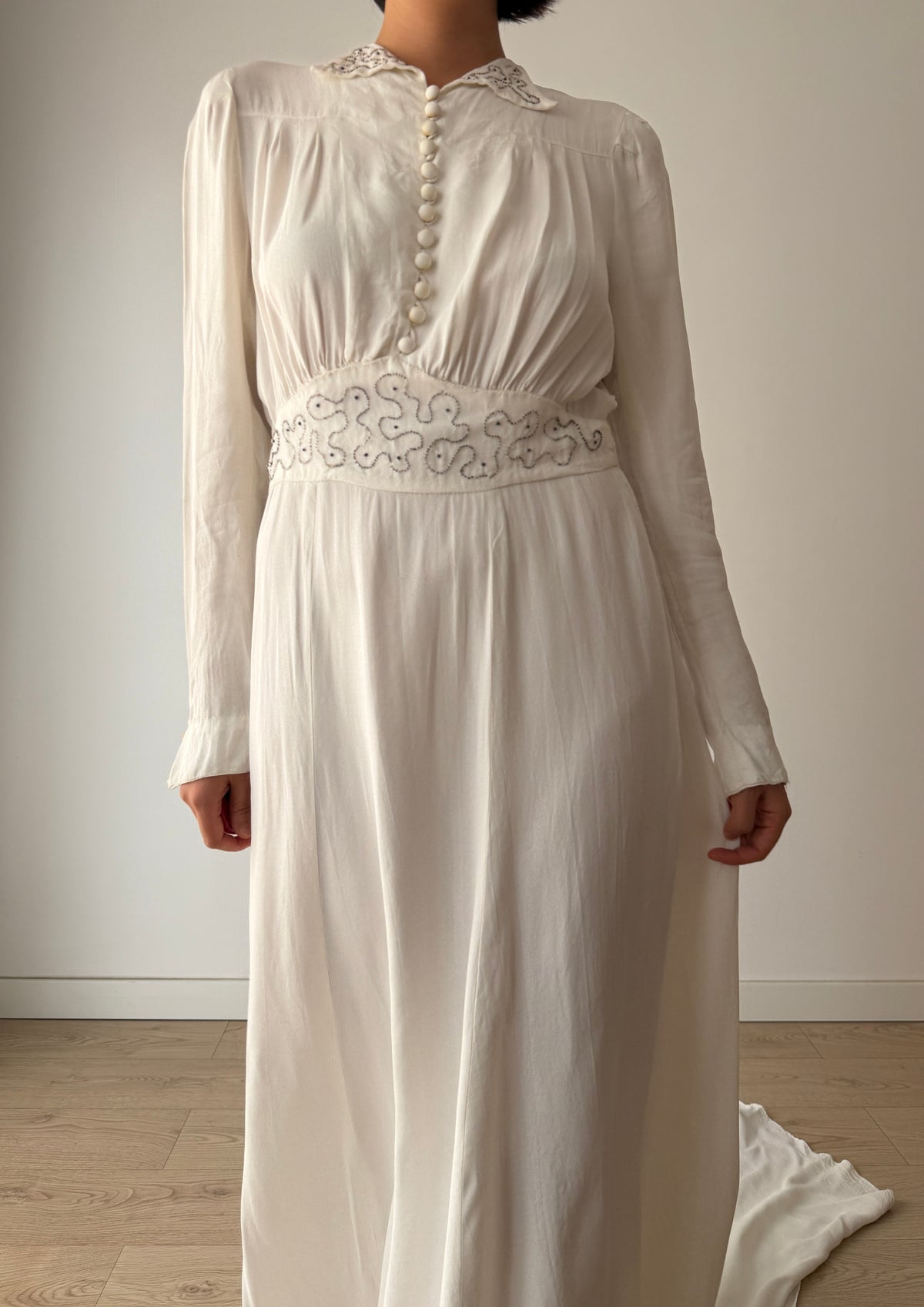 1940s Pure Silk Bridal Gown | White Beaded Embroidered Long Sleeve Wedding Dress with Train
