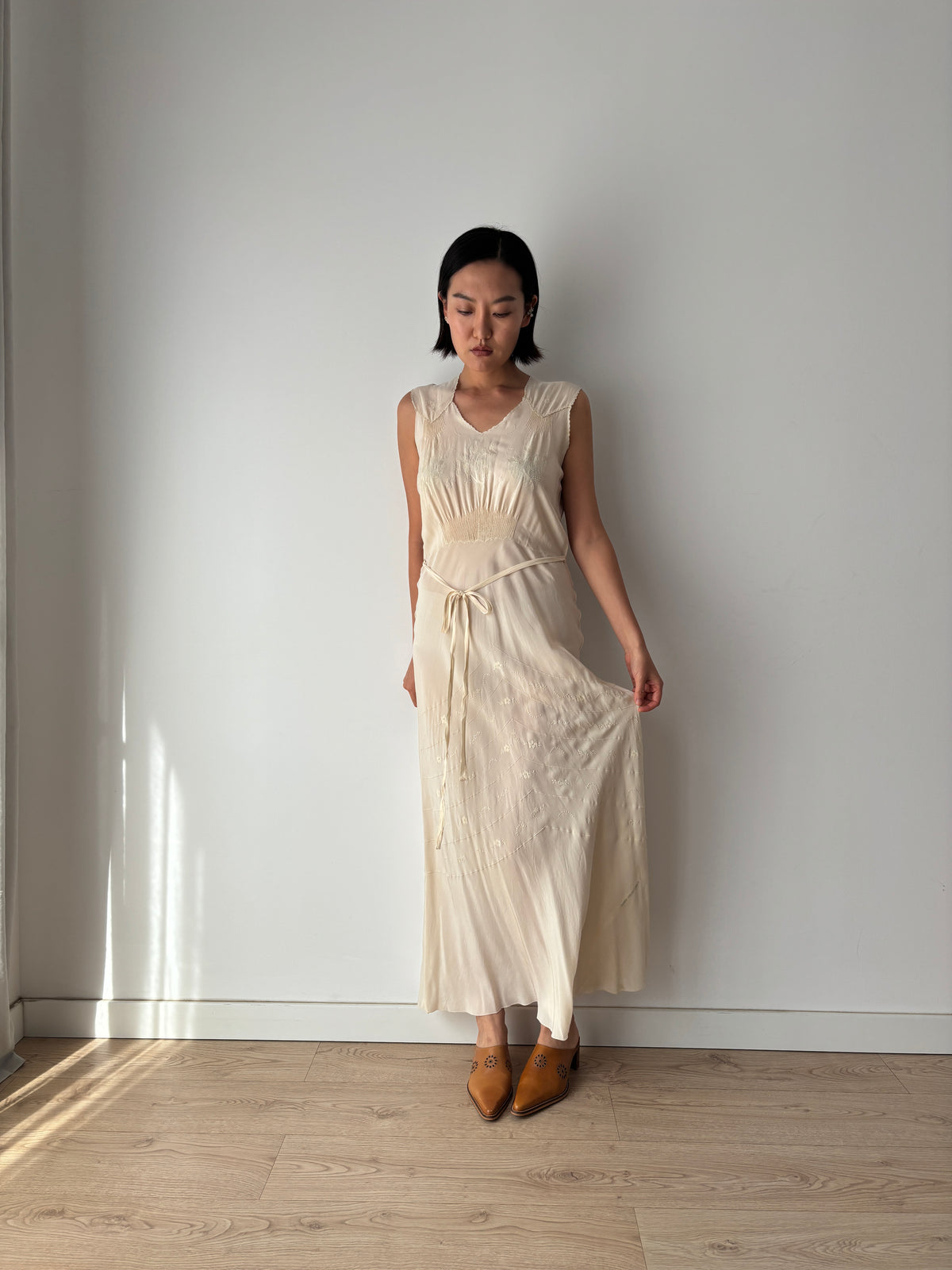 1930s Ivory Silk Chiffon Lace Floral Embroidery Bias Cut Bridal Gown