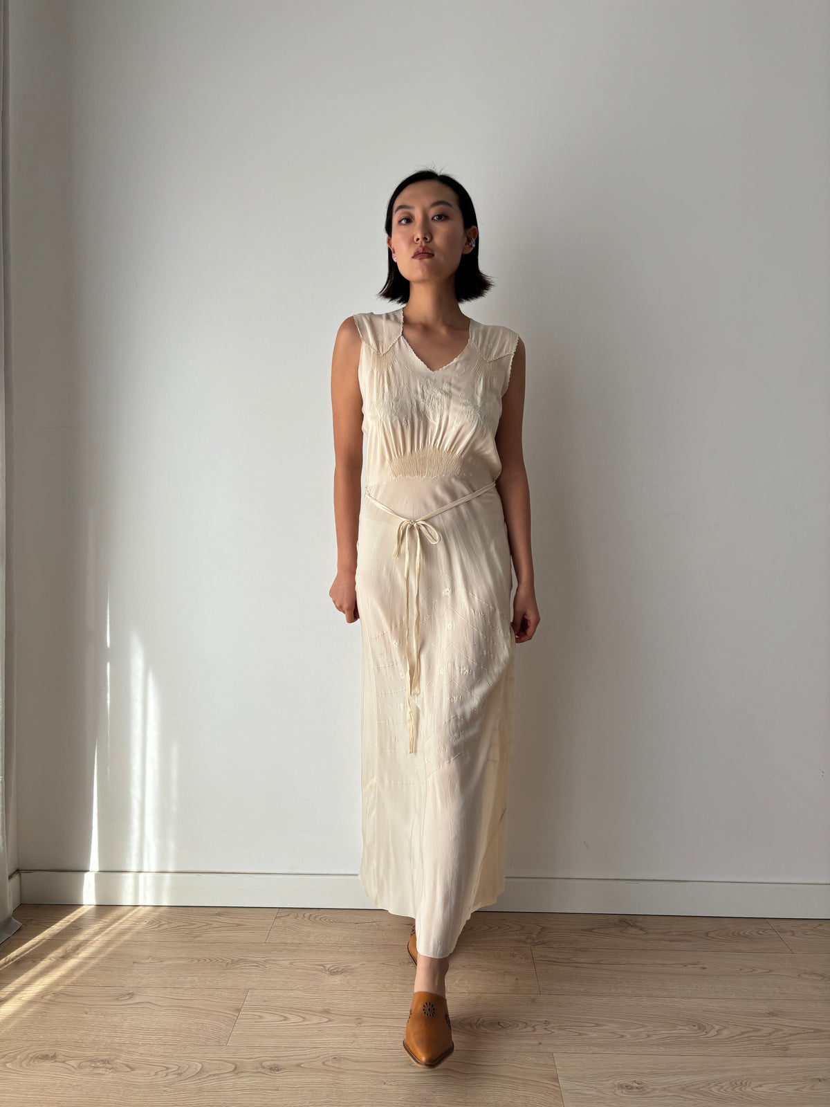 1930s Ivory Silk Chiffon Lace Floral Embroidery Bias Cut Bridal Gown