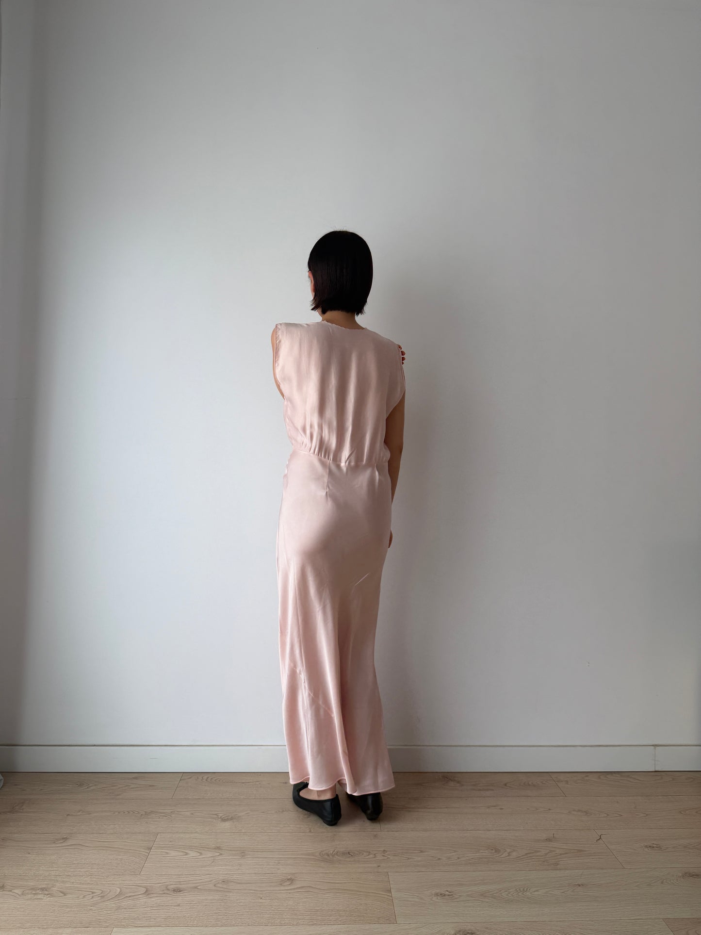 1940s Antique Bias Cut Lace Pastel Pink Silk Embroidered Nightgown, Liquid Silk Bridal gown