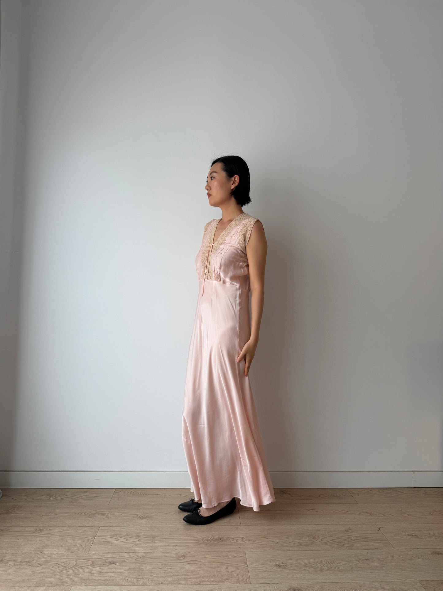 1940s Antique Bias Cut Lace Pastel Pink Silk Embroidered Nightgown, Liquid Silk Bridal gown