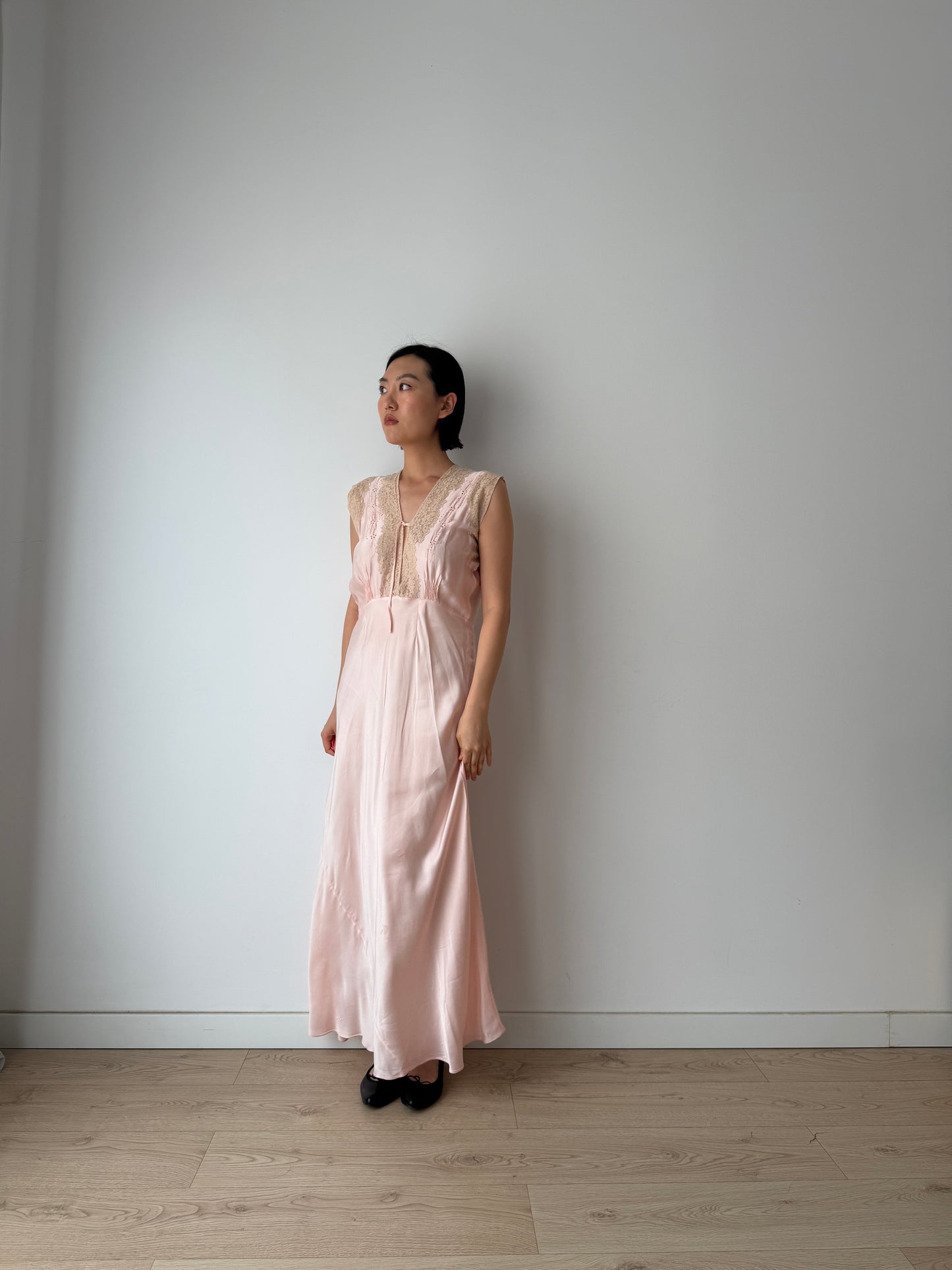 1940s Antique Bias Cut Lace Pastel Pink Silk Embroidered Nightgown, Liquid Silk Bridal gown