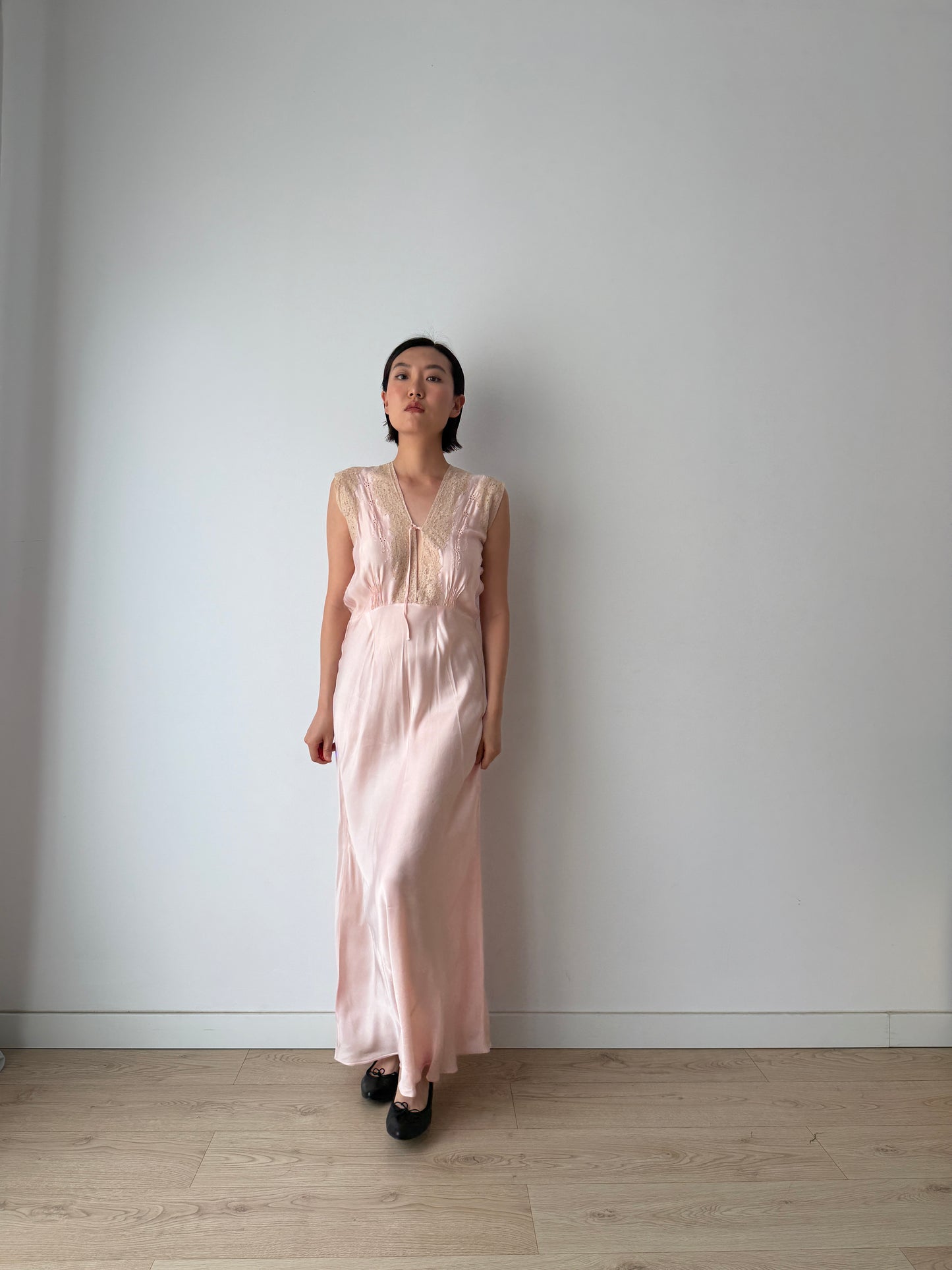 1940s Antique Bias Cut Lace Pastel Pink Silk Satin Embroidered Nightgown, Liquid Silk Bridal gown