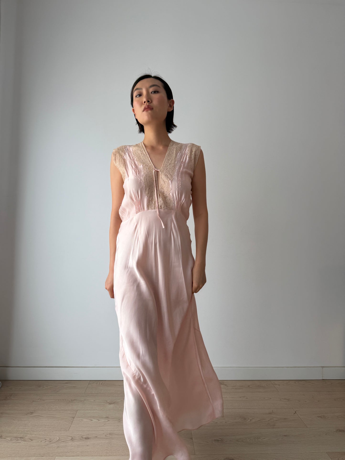 1940s Antique Bias Cut Lace Pastel Pink Silk Embroidered Nightgown, Liquid Silk Bridal gown