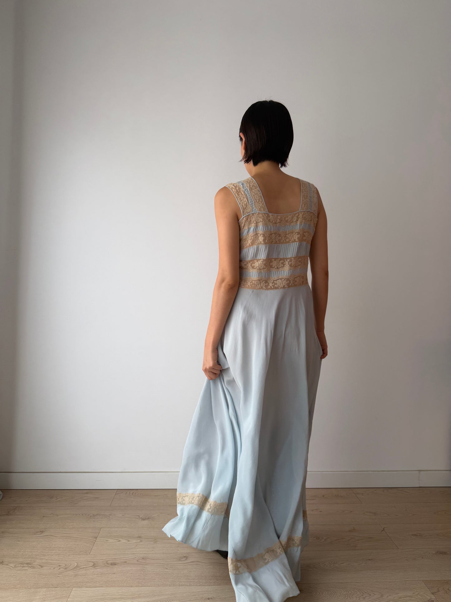 1930s Bias Cut Silk Crepe Gown in Blue: Lace Appliqué & Ruffle Lace Hem Detail