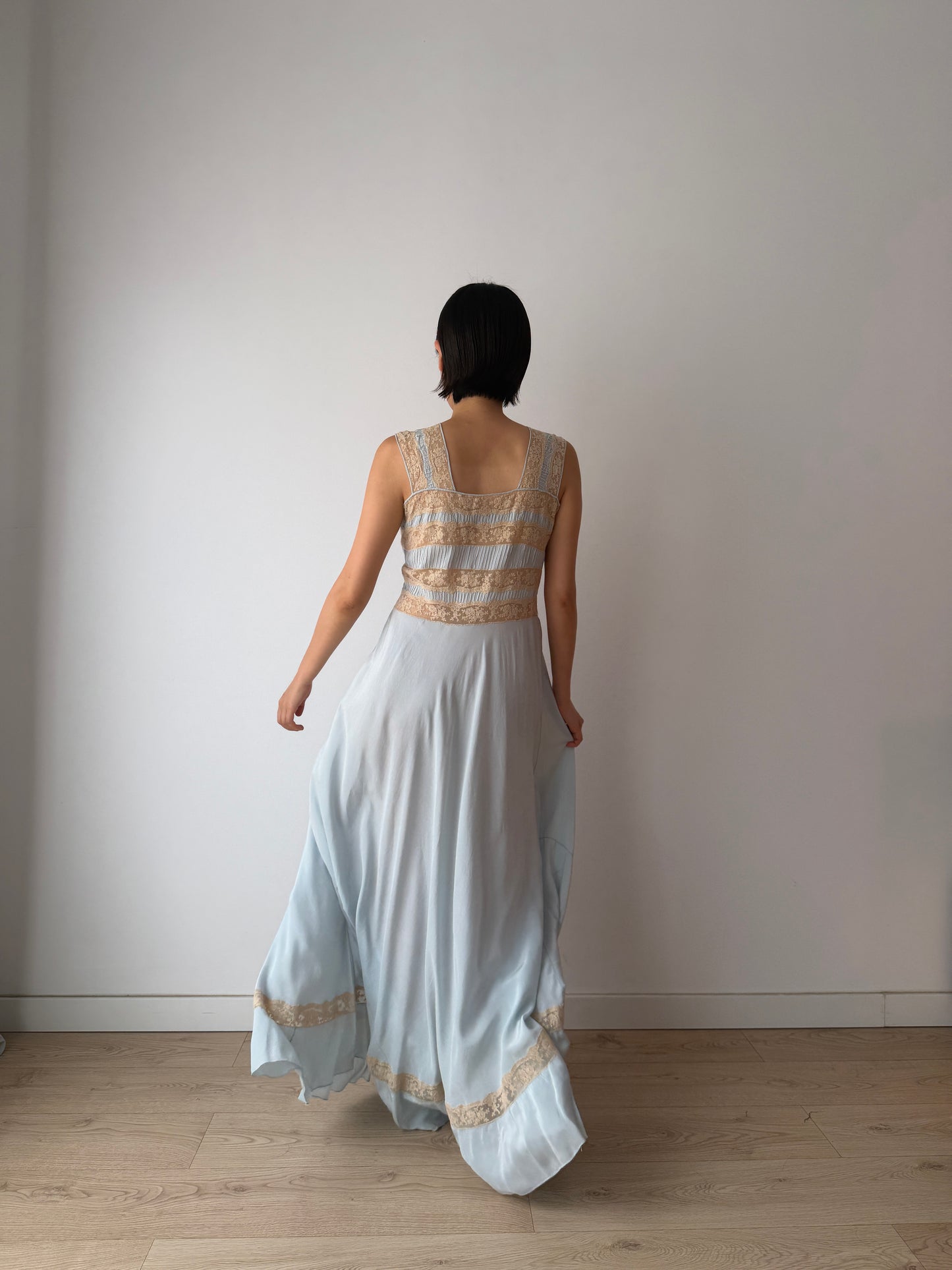 1930s Bias Cut Silk Crepe Gown in Blue: Lace Appliqué & Ruffle Lace Hem Detail