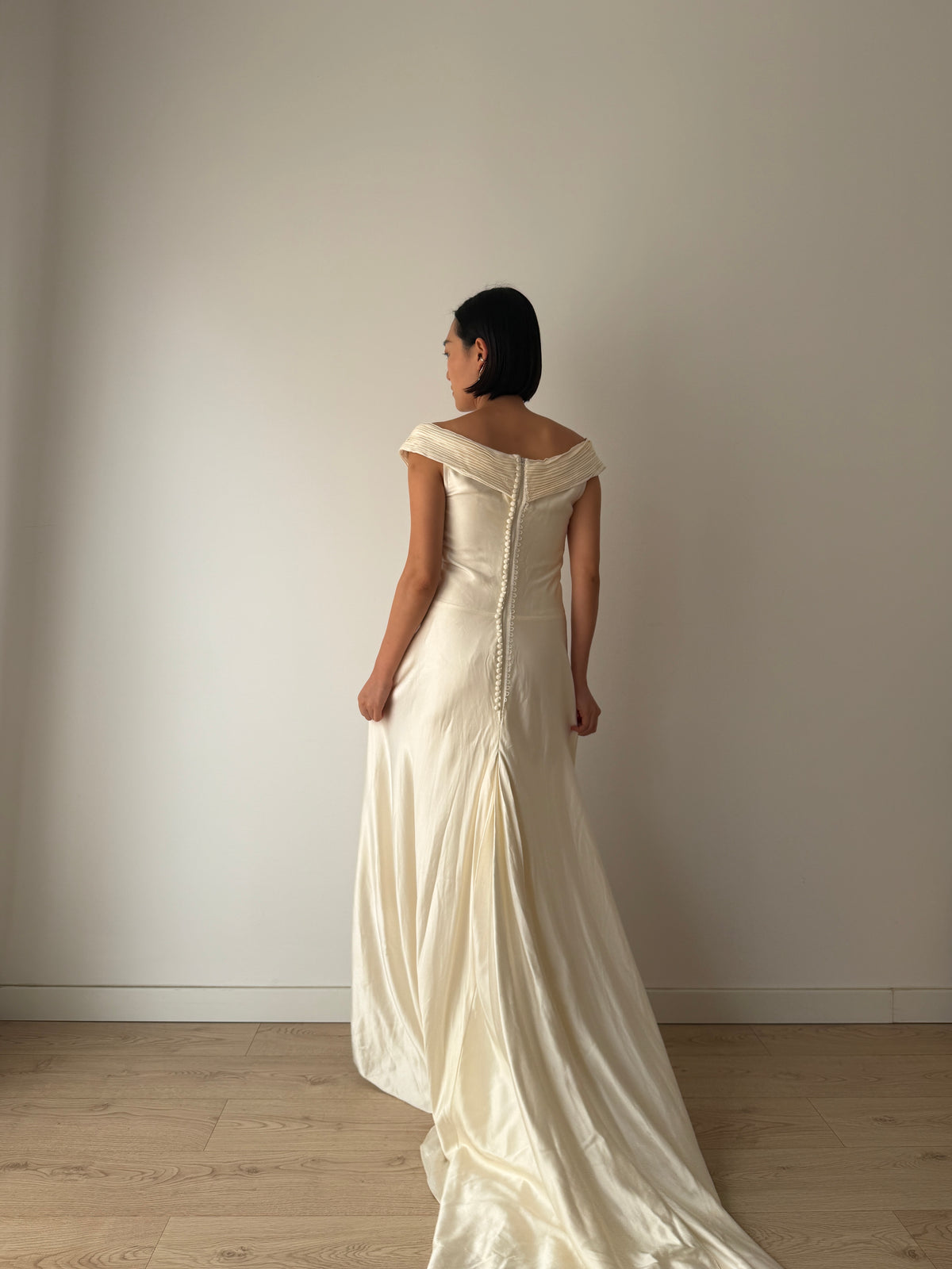 1990s White Silk Bridal Gown, Off-the-Shoulder Pleated Neckline, Pearl Button Back, Long Train Wedding Dress