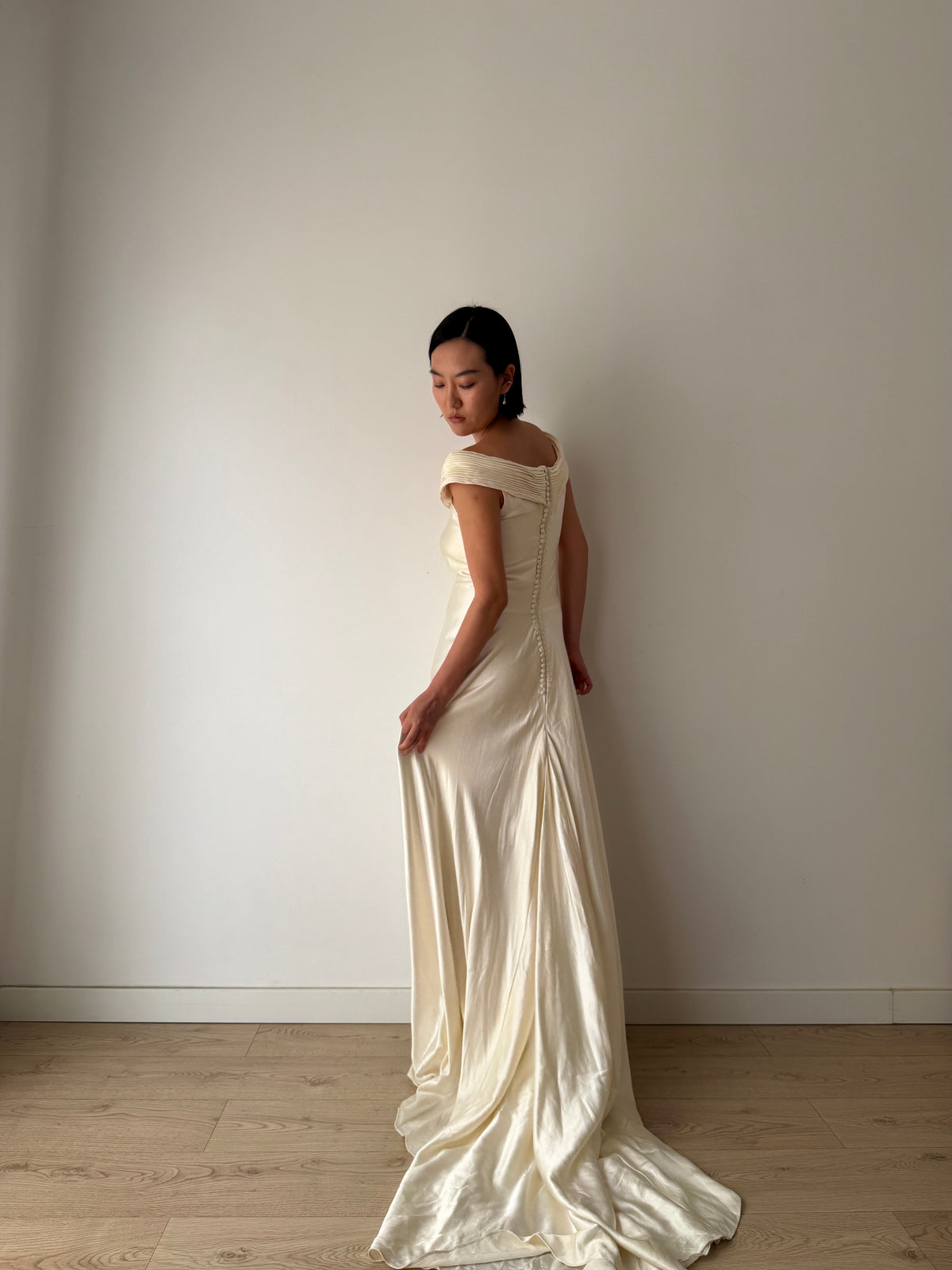 1990s White Silk Bridal Gown, Off-the-Shoulder Pleated Neckline, Pearl Button Back, Long Train Wedding Dress