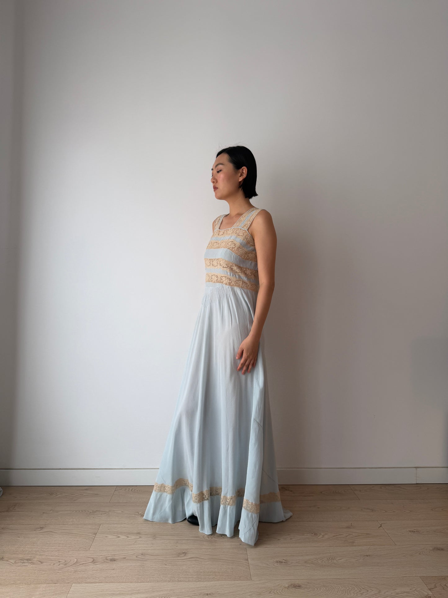 1930s Bias Cut Silk Crepe Gown in Blue: Lace Appliqué & Ruffle Lace Hem Detail