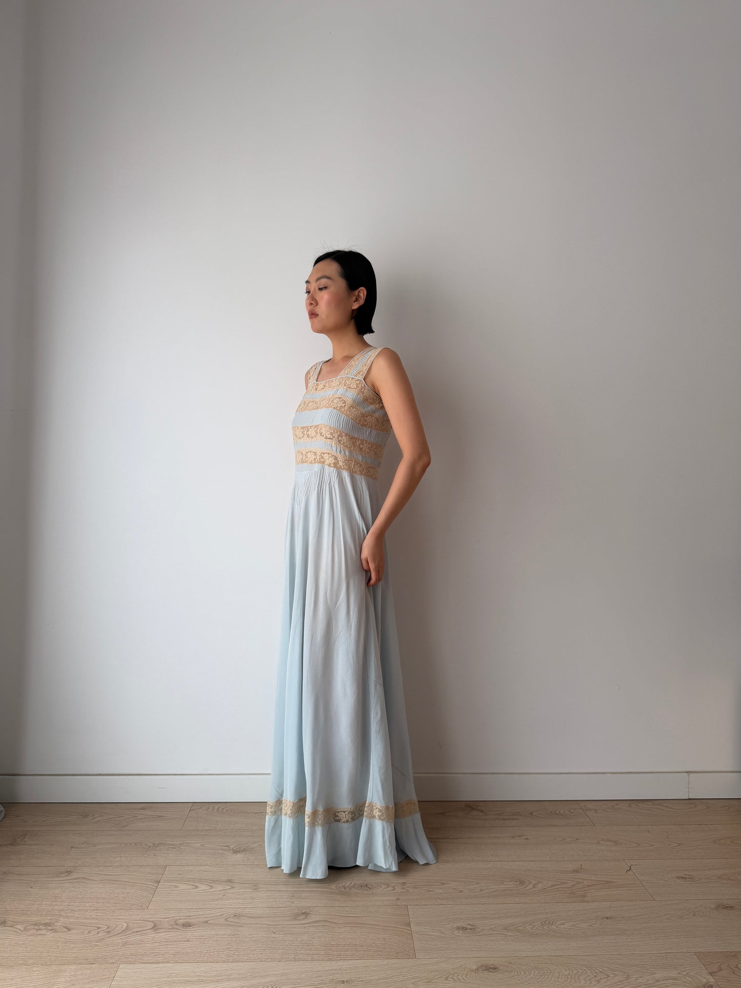 1930s Bias Cut Silk Crepe Gown in Blue: Lace Appliqué & Ruffle Lace Hem Detail