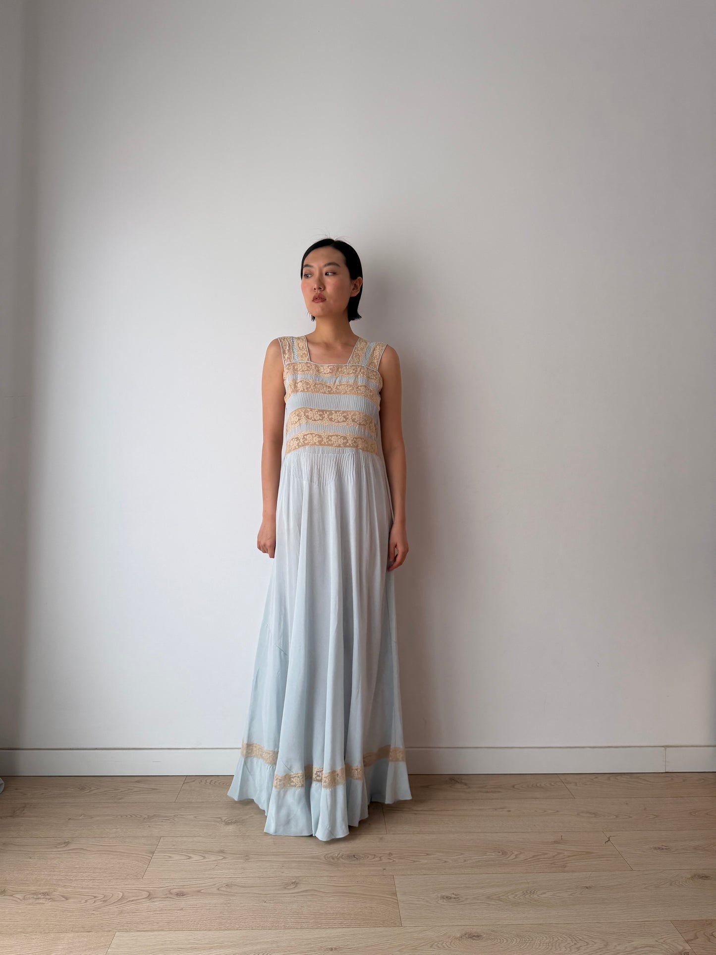 1930s Bias Cut Silk Crepe Gown in Blue: Lace Appliqué & Ruffle Lace Hem Detail