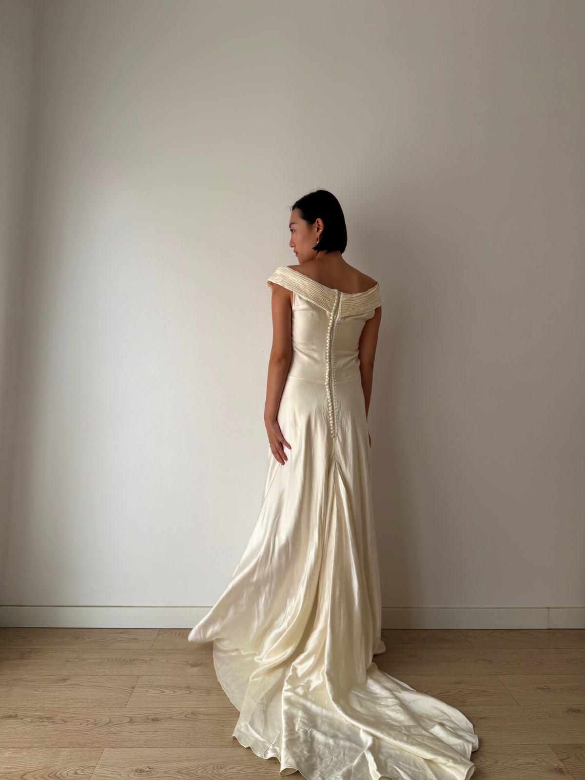 1990s White Silk Bridal Gown, Off-the-Shoulder Pleated Neckline, Pearl Button Back, Long Train Wedding Dress