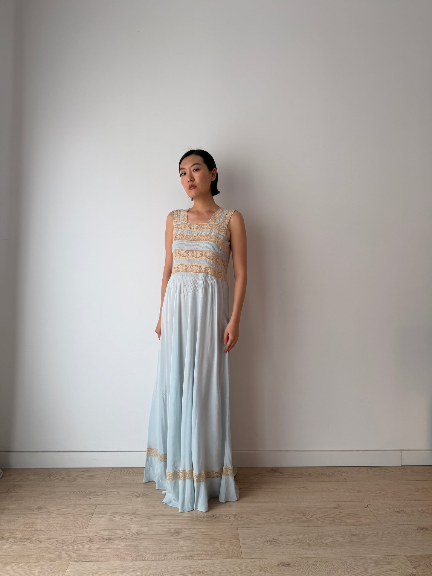 1930s Bias Cut Silk Crepe Gown in Blue: Lace Appliqué & Ruffle Lace Hem Detail