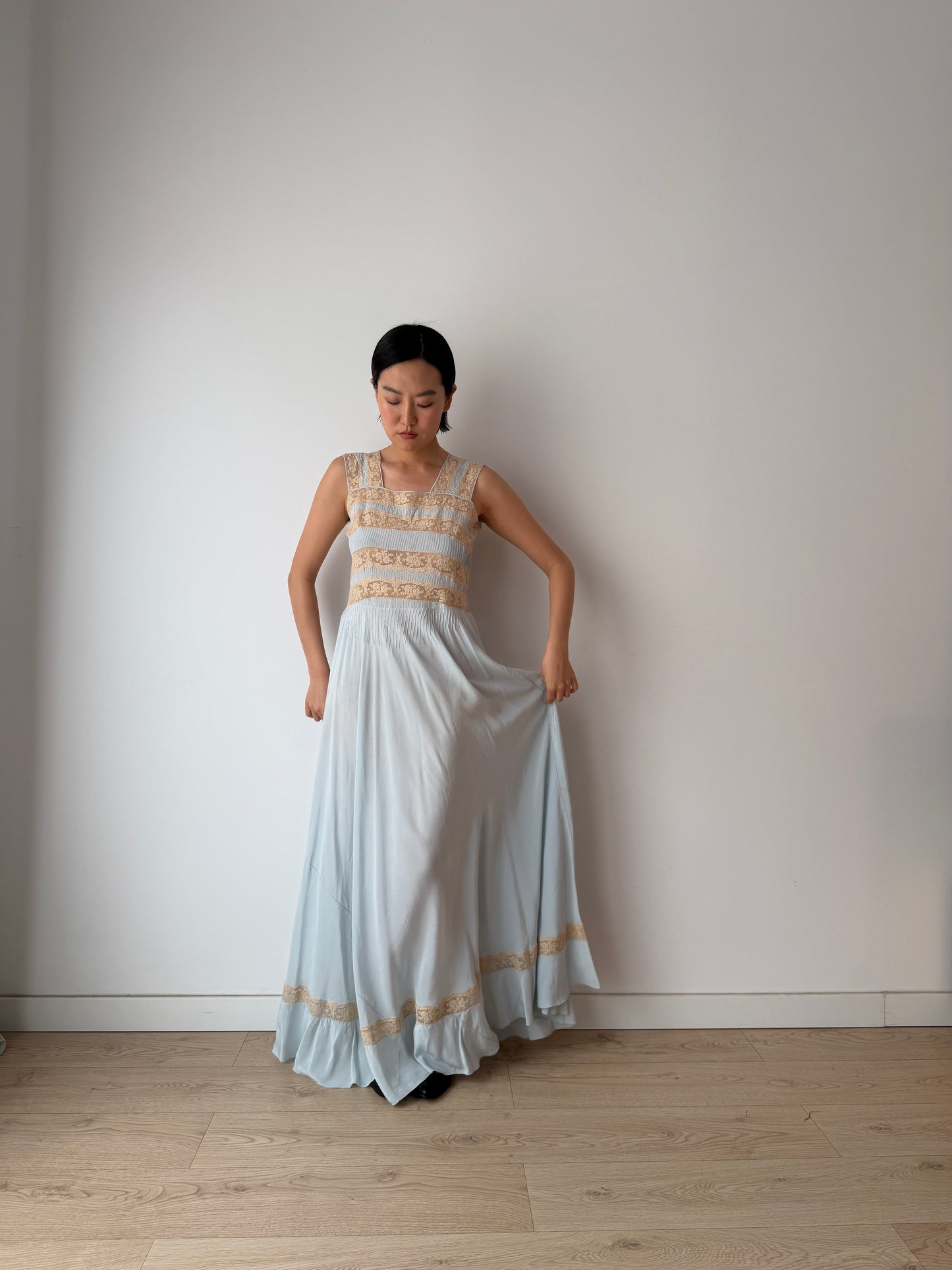 1930s Bias Cut Silk Crepe Gown in Blue: Lace Appliqué & Ruffle Lace Hem Detail