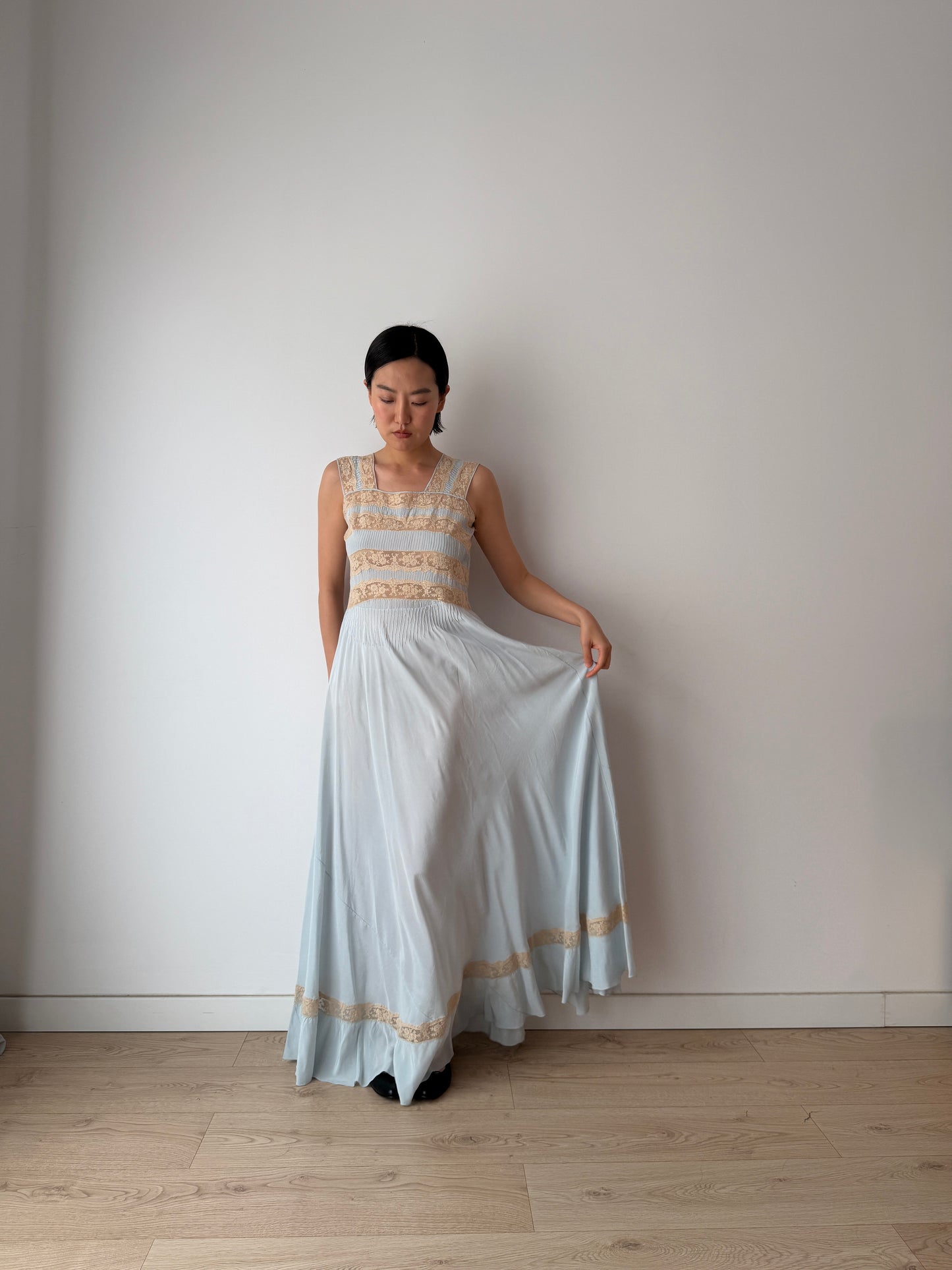 1930s Bias Cut Silk Crepe Gown in Blue: Lace Appliqué & Ruffle Lace Hem Detail