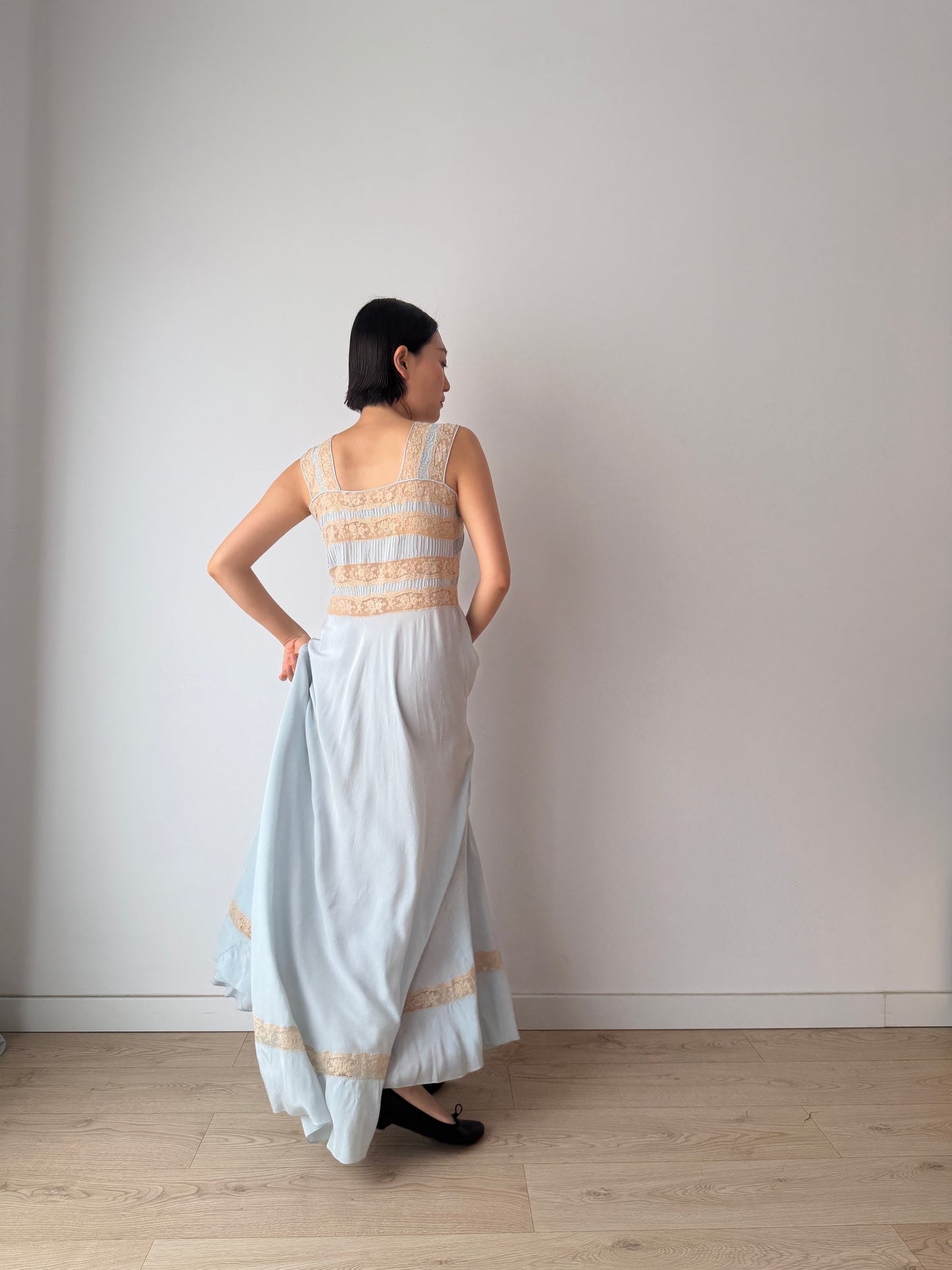1930s Bias Cut Silk Crepe Gown in Blue: Lace Appliqué & Ruffle Lace Hem Detail