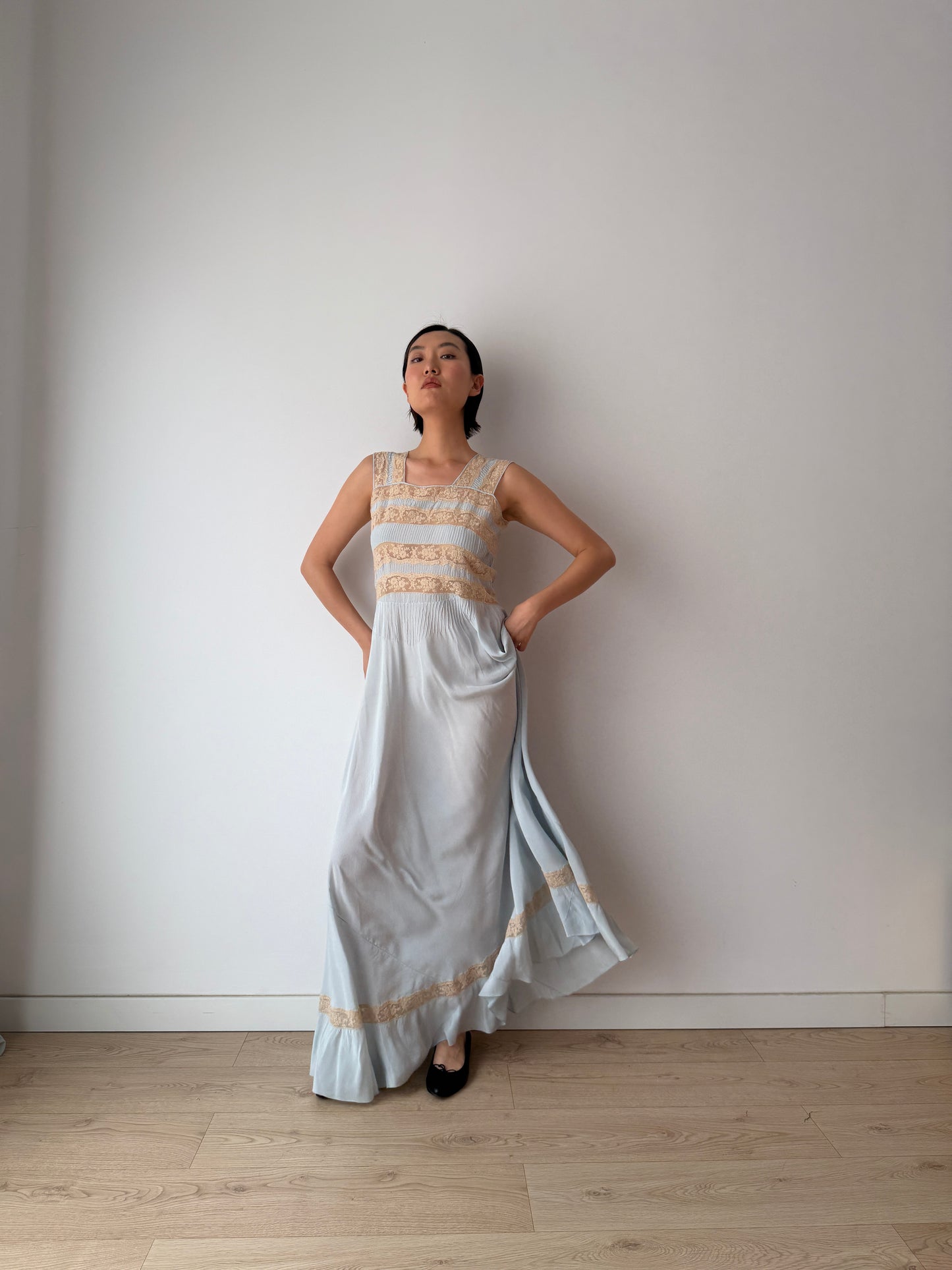1930s Bias Cut Silk Crepe Gown in Blue: Lace Appliqué & Ruffle Lace Hem Detail