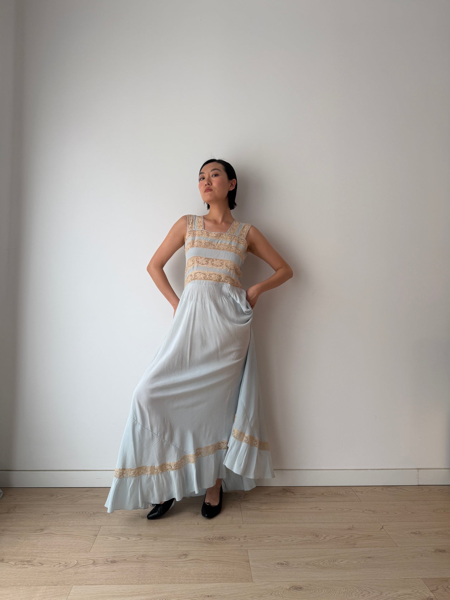 1930s Bias Cut Silk Crepe Gown in Blue: Lace Appliqué & Ruffle Lace Hem Detail