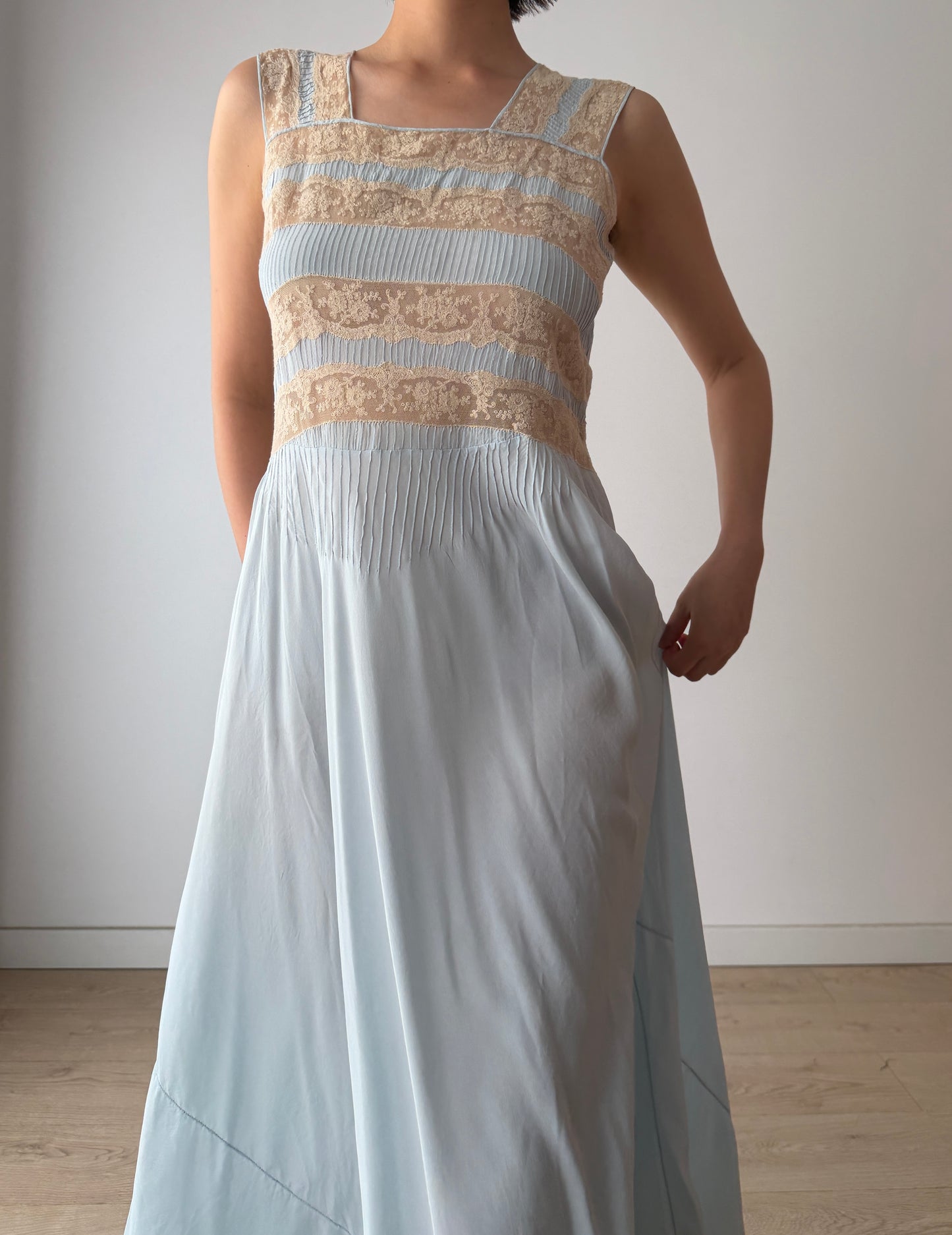 1930s Bias Cut Silk Crepe Gown in Blue: Lace Appliqué & Ruffle Lace Hem Detail