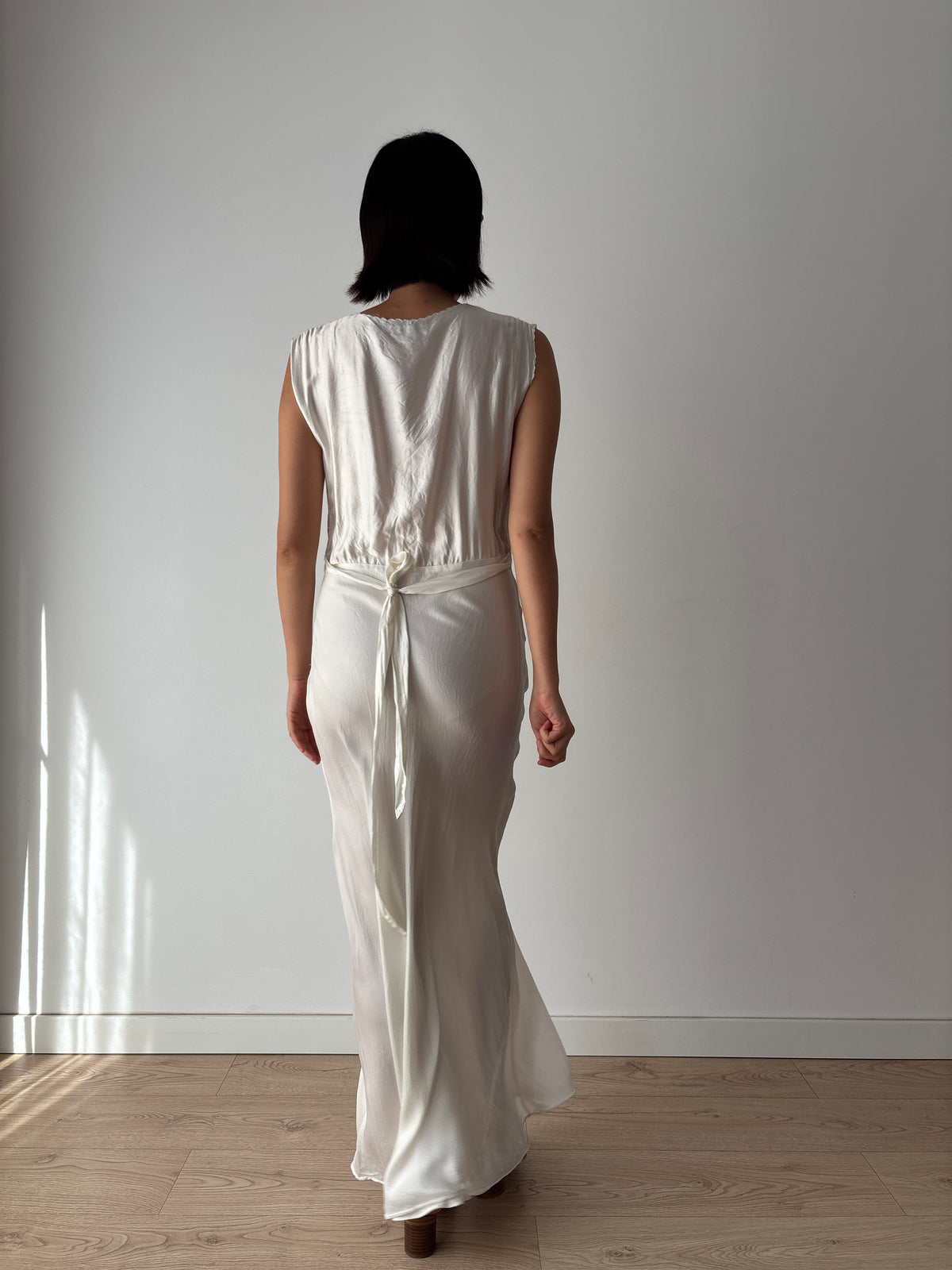 1930s–1940s Ivory Satin and Lace Nightgown, Deep V Neck, Tie Waist Vintage Bridal Dress