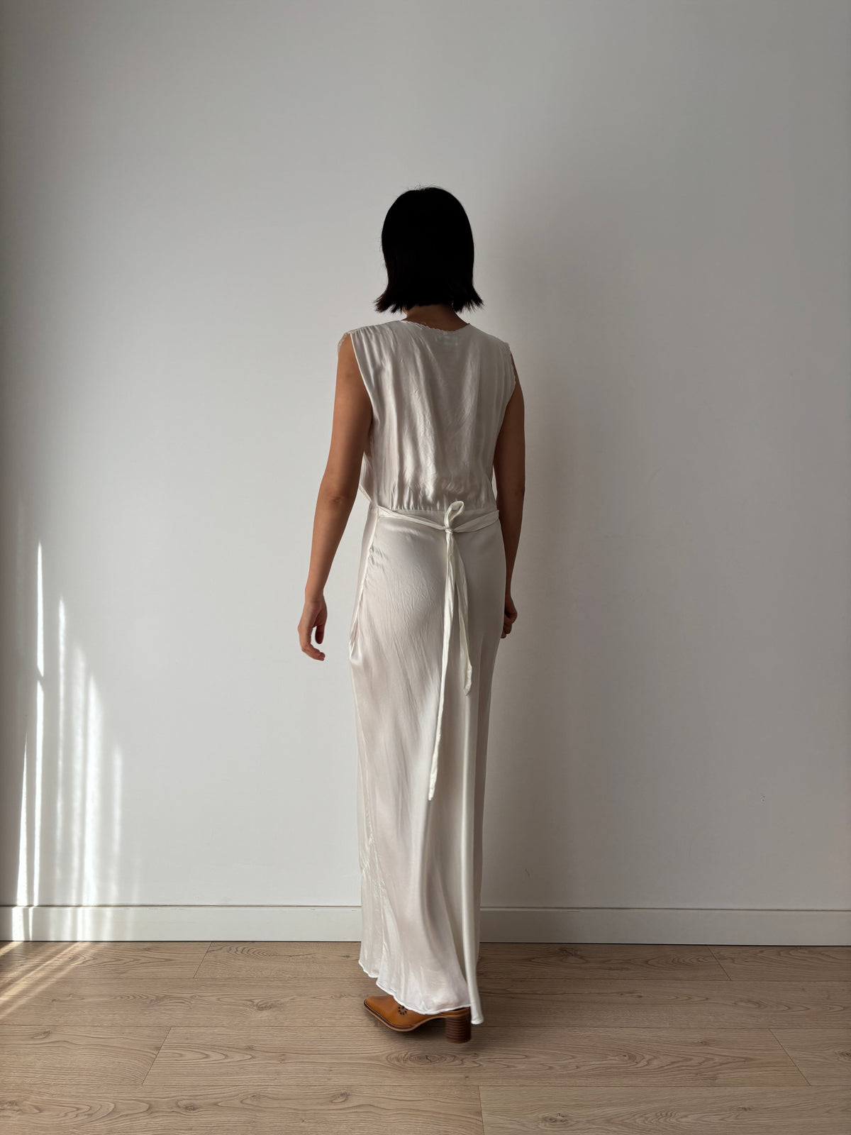 1930s–1940s Ivory Satin and Lace Nightgown, Deep V Neck, Tie Waist Vintage Bridal Dress
