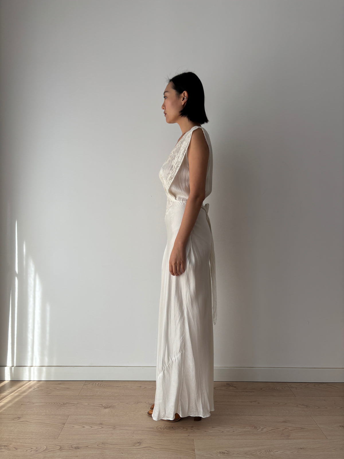 1930s–1940s Ivory Satin and Lace Nightgown, Deep V Neck, Tie Waist Vintage Bridal Dress