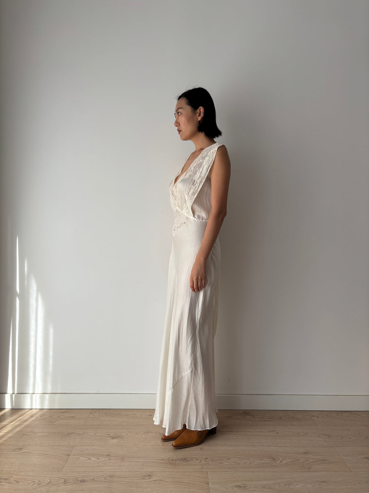 1930s–1940s Ivory Satin and Lace Nightgown, Deep V Neck, Tie Waist Vintage Bridal Dress