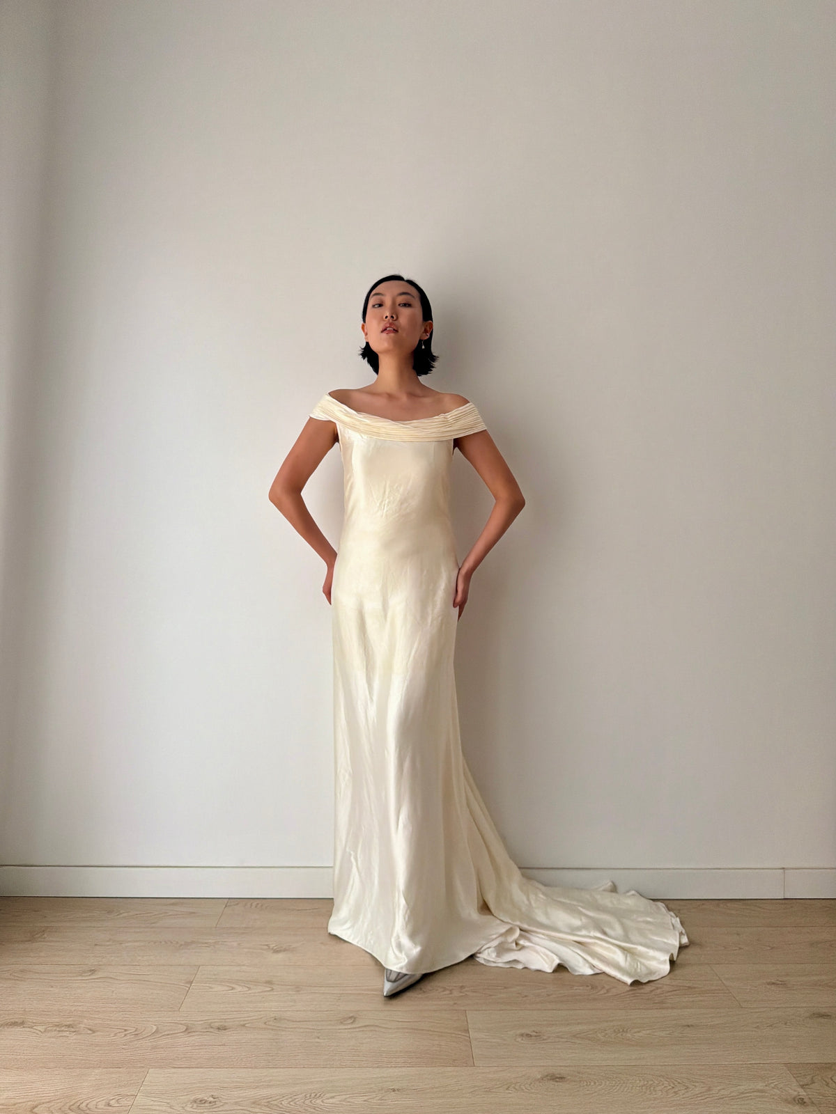 1990s White Silk Bridal Gown, Off-the-Shoulder Pleated Neckline, Pearl Button Back, Long Train Wedding Dress