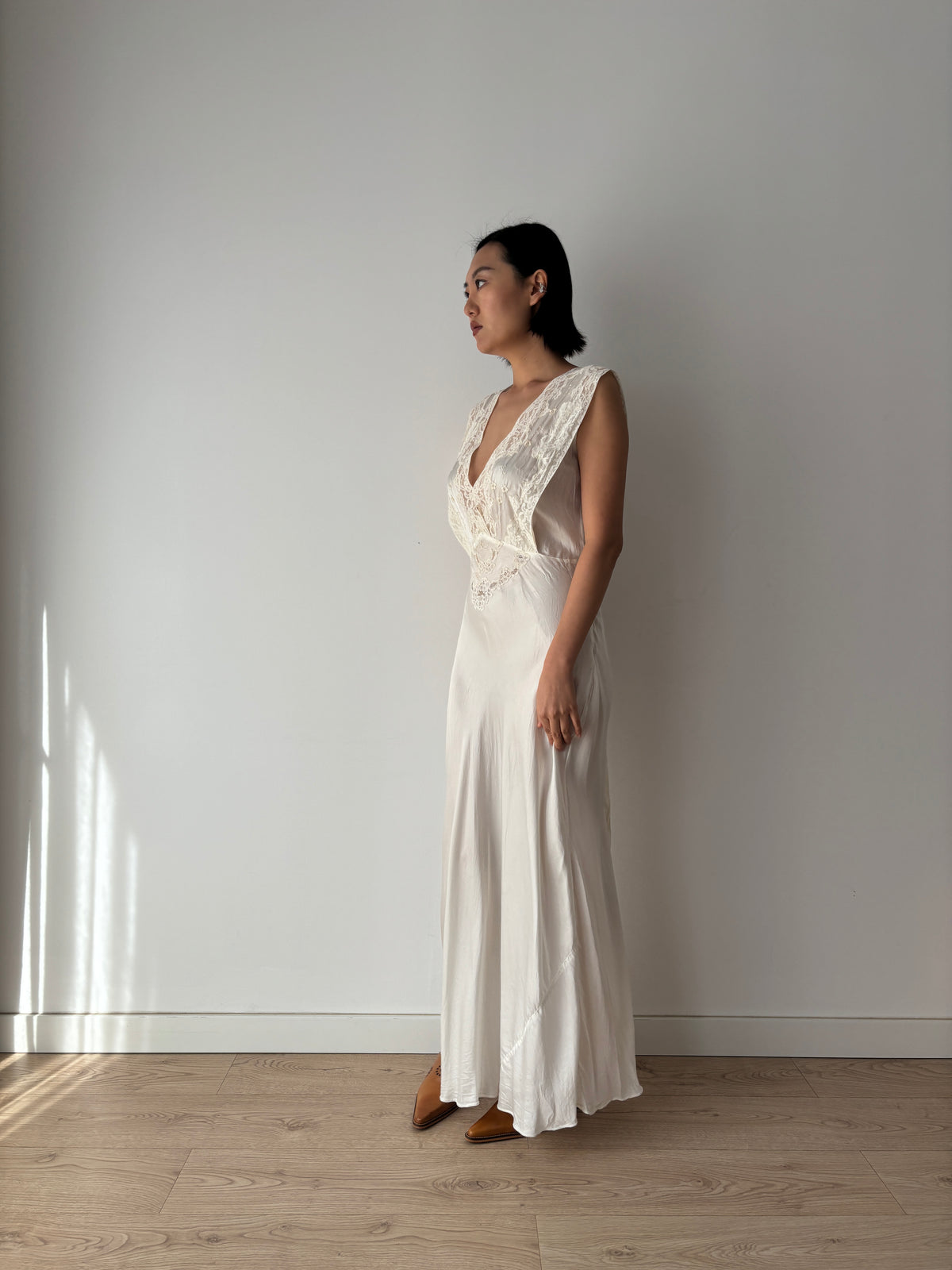 1930s–1940s Ivory Satin and Lace Nightgown, Deep V Neck, Tie Waist Vintage Bridal Dress