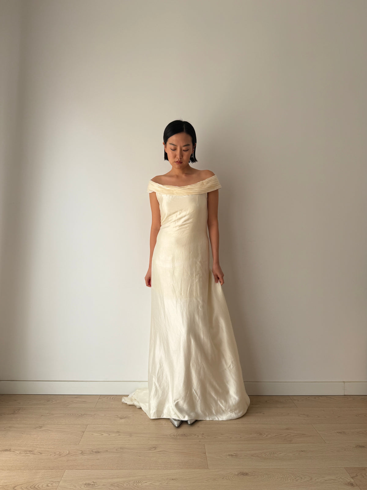 1990s White Silk Bridal Gown, Off-the-Shoulder Pleated Neckline, Pearl Button Back, Long Train Wedding Dress