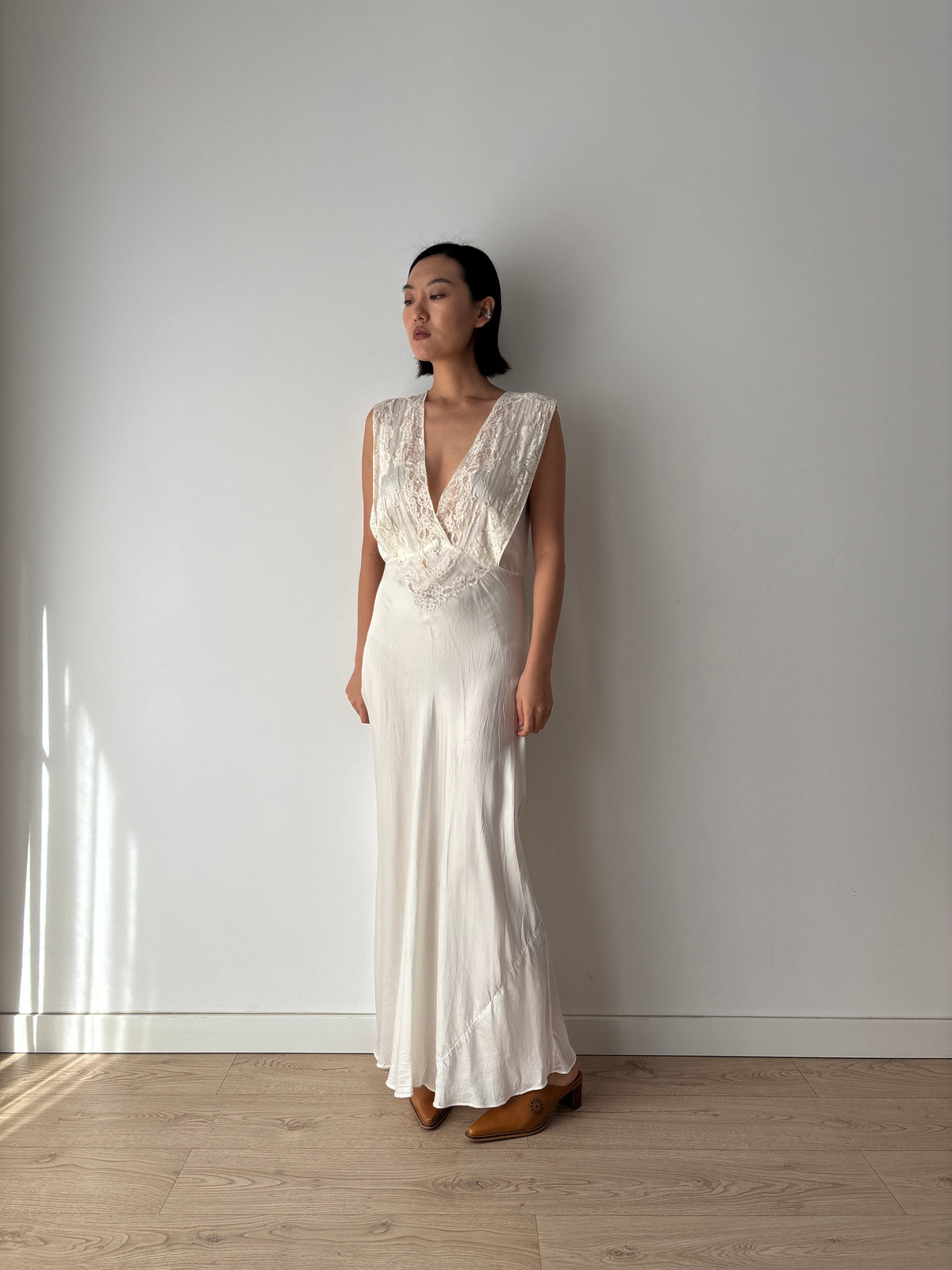 1930s–1940s Ivory Satin and Lace Nightgown, Deep V Neck, Tie Waist Vintage Bridal Dress