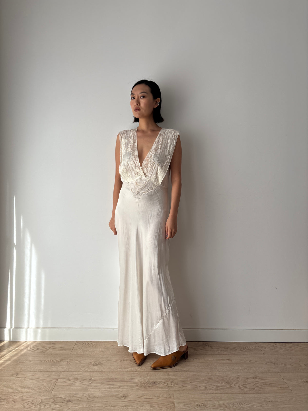 1930s–1940s Ivory Satin and Lace Nightgown, Deep V Neck, Tie Waist Vintage Bridal Dress