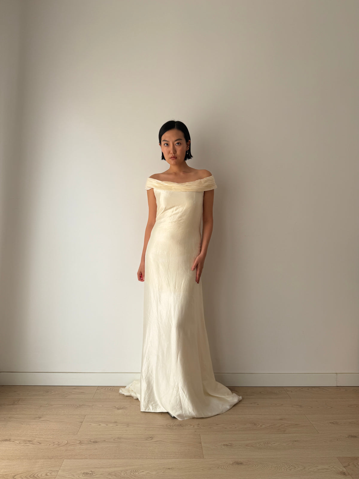 1990s White Silk Bridal Gown, Off-the-Shoulder Pleated Neckline, Pearl Button Back, Long Train Wedding Dress