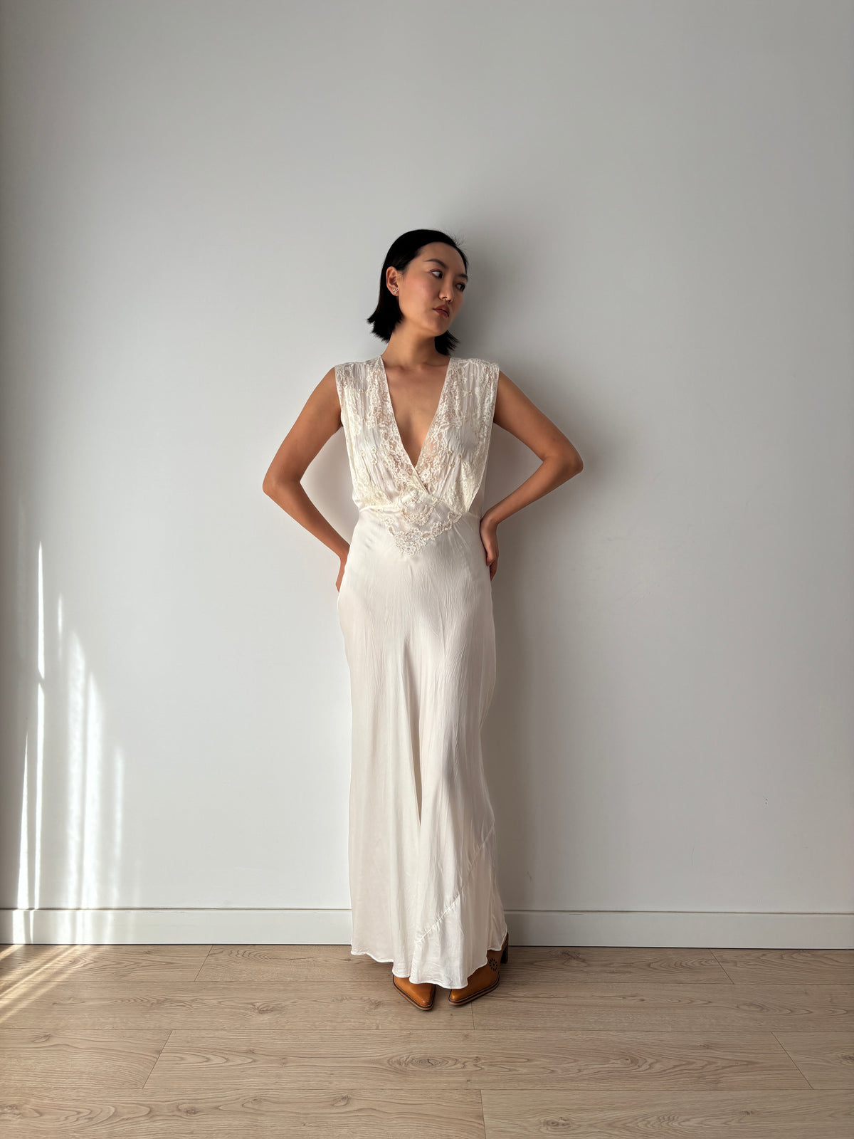 1930s–1940s Ivory Satin and Lace Nightgown, Deep V Neck, Tie Waist Vintage Bridal Dress