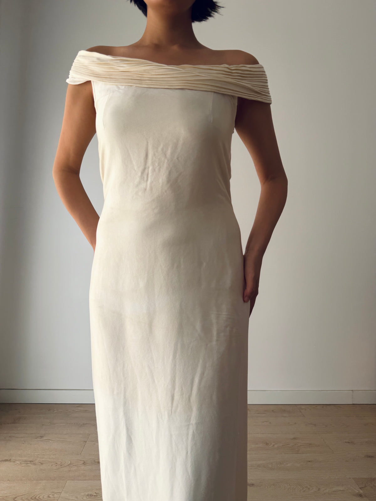 1990s White Silk Bridal Gown, Off-the-Shoulder Pleated Neckline, Pearl Button Back, Long Train Wedding Dress