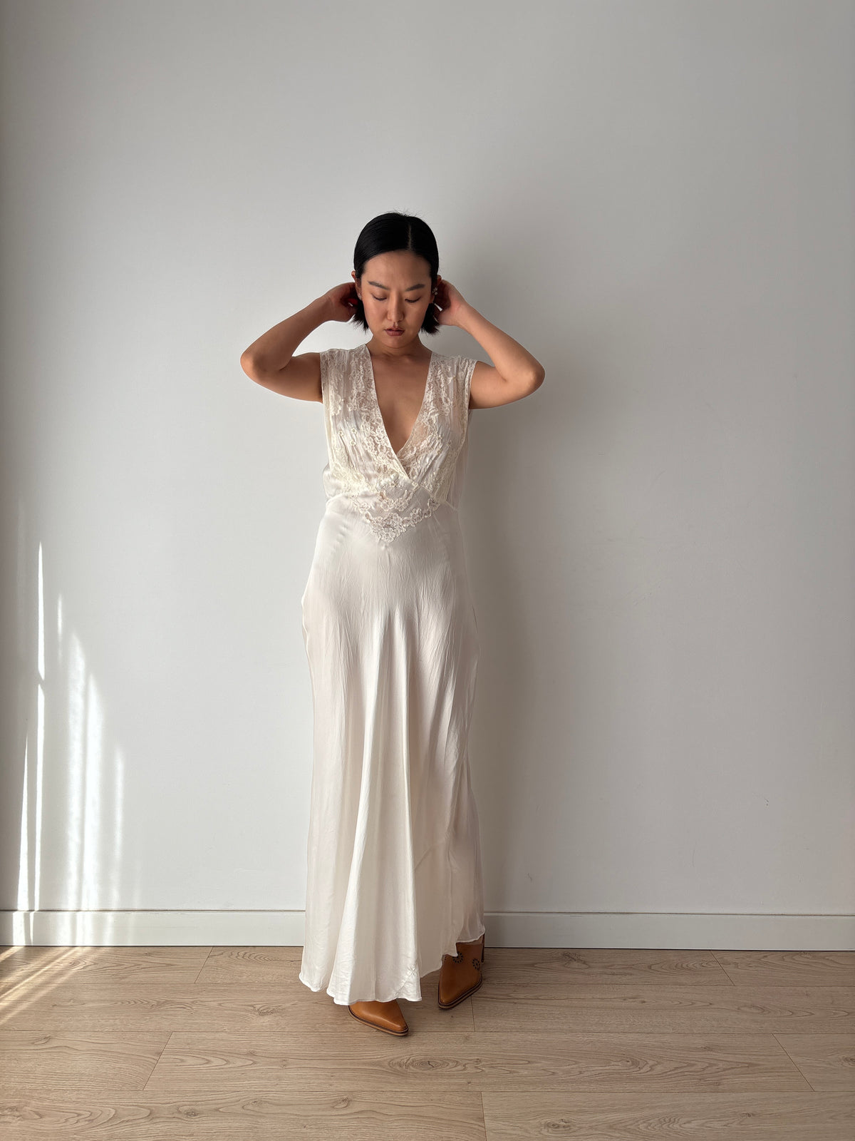1930s–1940s Ivory Satin and Lace Nightgown, Deep V Neck, Tie Waist Vintage Bridal Dress