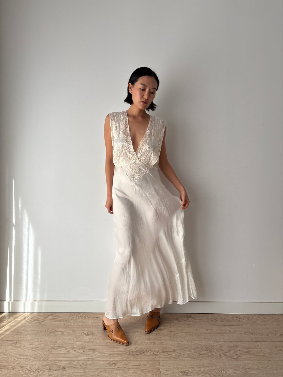 1930s–1940s Ivory Satin and Lace Nightgown, Deep V Neck, Tie Waist Vintage Bridal Dress