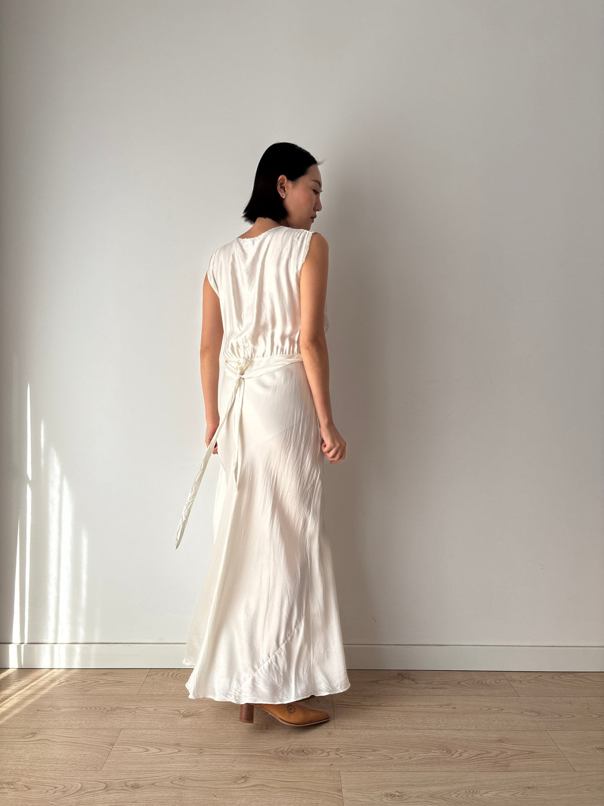 1930s–1940s Ivory Satin and Lace Nightgown, Deep V Neck, Tie Waist Vintage Bridal Dress