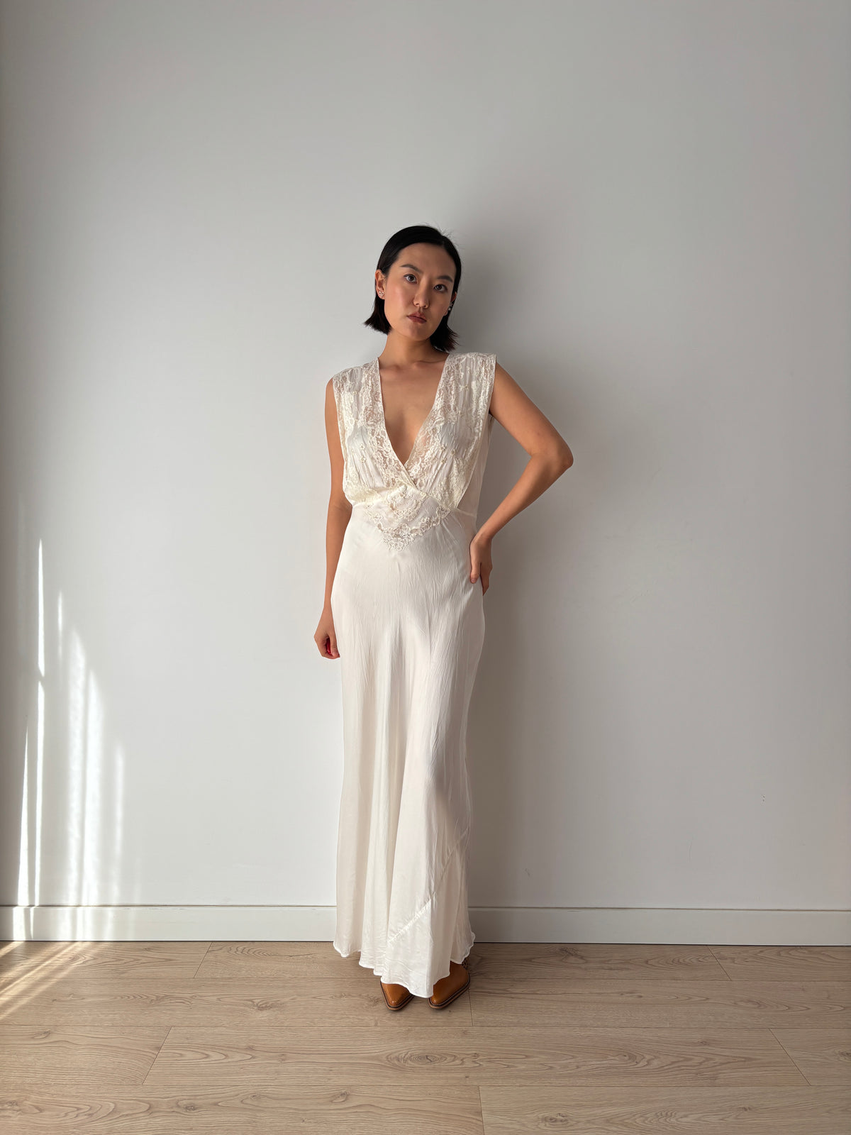 1930s–1940s Ivory Satin and Lace Nightgown, Deep V Neck, Tie Waist Vintage Bridal Dress