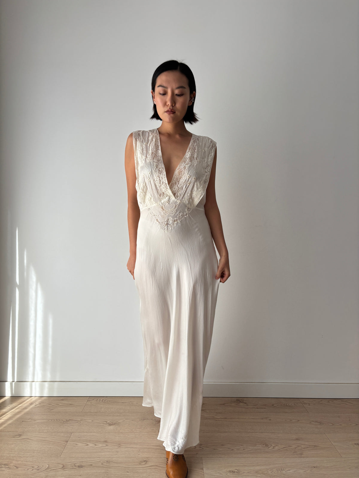 1930s–1940s Ivory Satin and Lace Nightgown, Deep V Neck, Tie Waist Vintage Bridal Dress