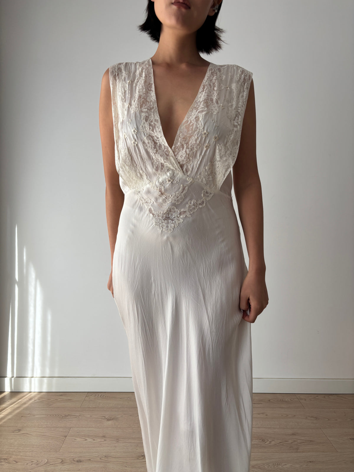 1930s–1940s Ivory Satin and Lace Nightgown, Deep V Neck, Tie Waist Vintage Bridal Dress