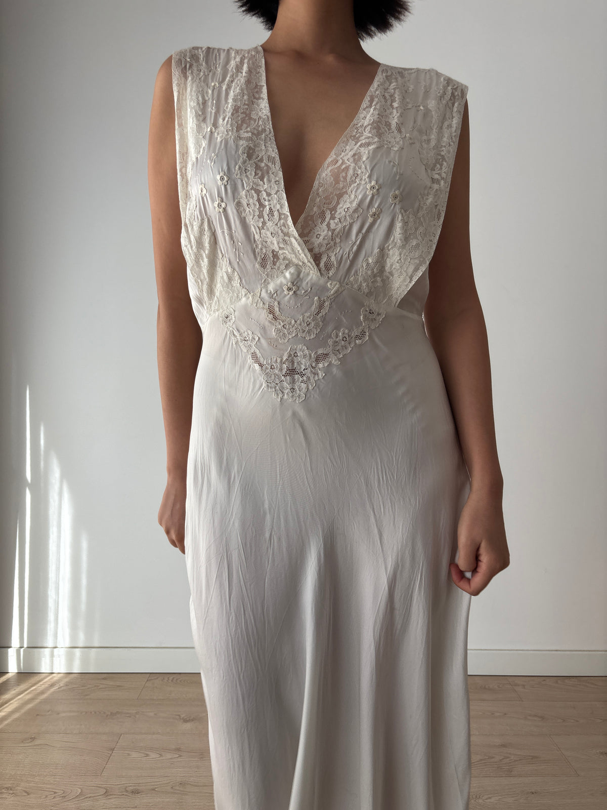 1930s–1940s Ivory Satin and Lace Nightgown, Deep V Neck, Tie Waist Vintage Bridal Dress