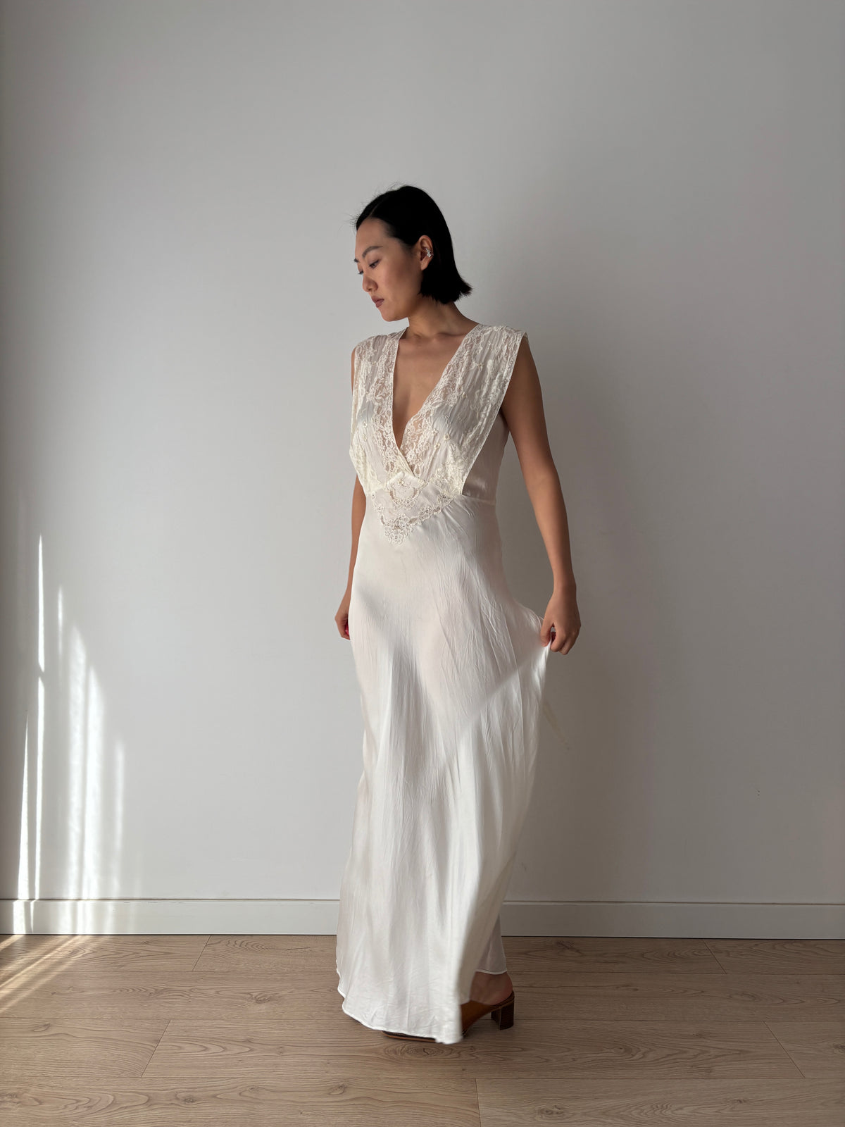 1930s–1940s Ivory Satin and Lace Nightgown, Deep V Neck, Tie Waist Vintage Bridal Dress