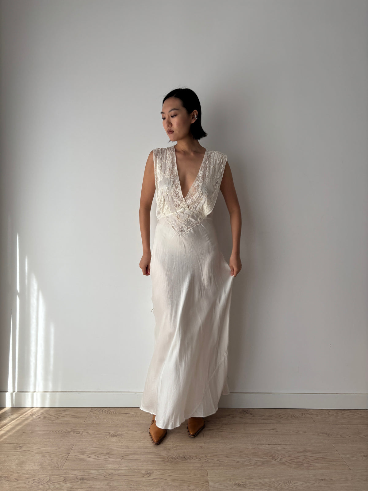 1930s–1940s Ivory Satin and Lace Nightgown, Deep V Neck, Tie Waist Vintage Bridal Dress