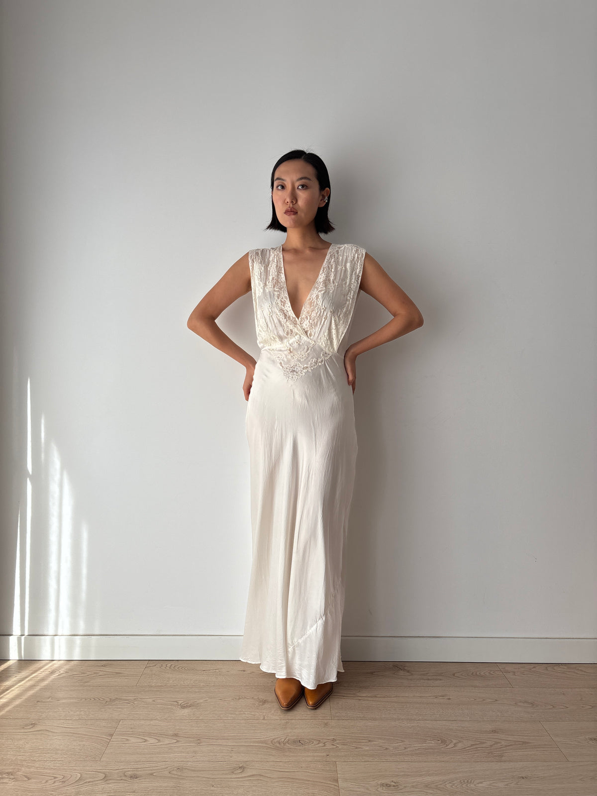 1930s–1940s Ivory Satin and Lace Nightgown, Deep V Neck, Tie Waist Vintage Bridal Dress