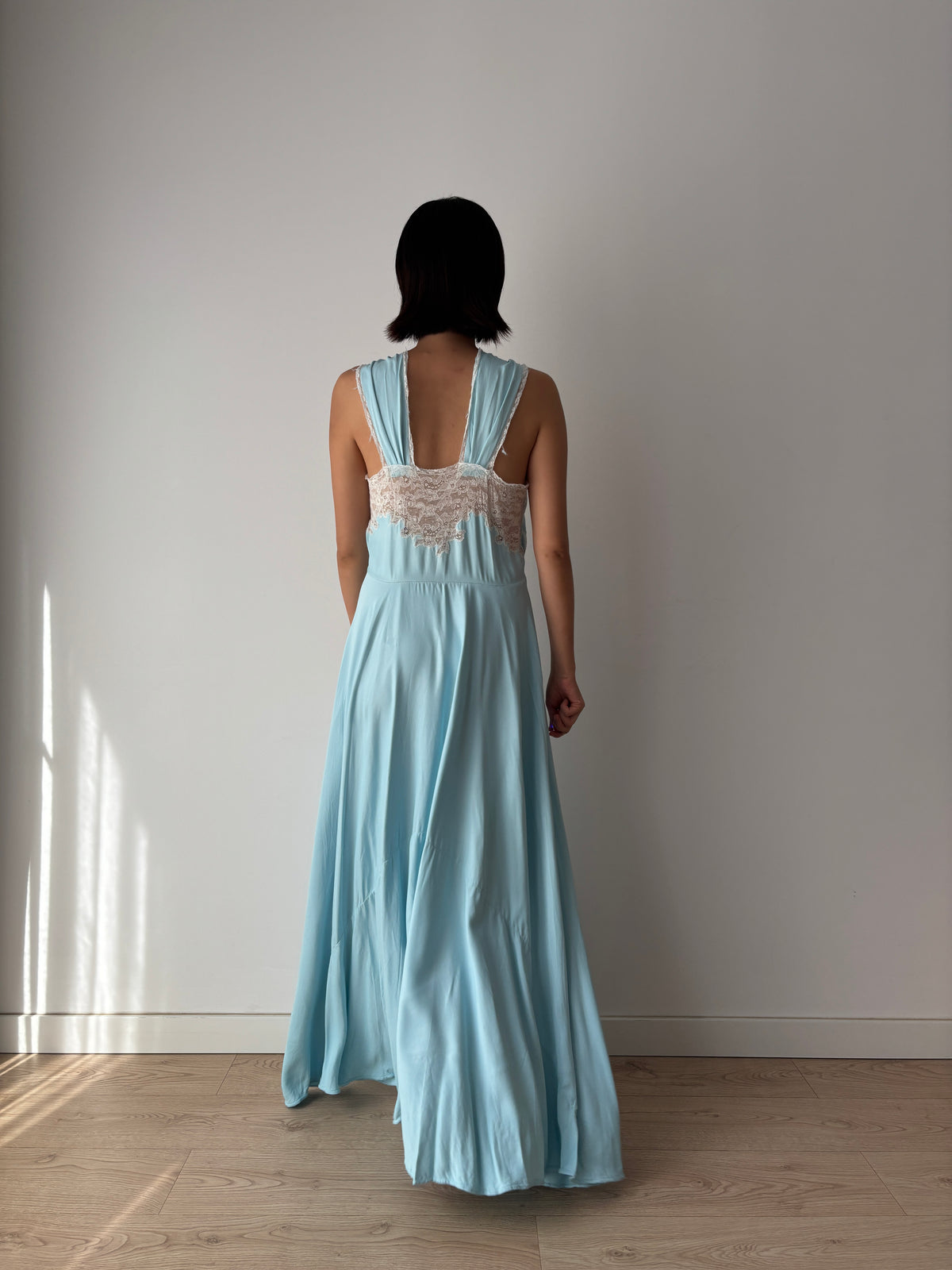 1940s Blue Satin Nightgown, Ivory Floral Lace Bodice, Vintage Maxi Slip Dress