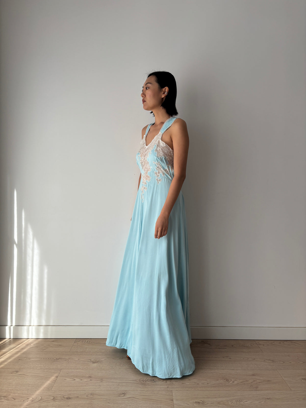 1940s Blue Satin Nightgown, Ivory Floral Lace Bodice, Vintage Maxi Slip Dress