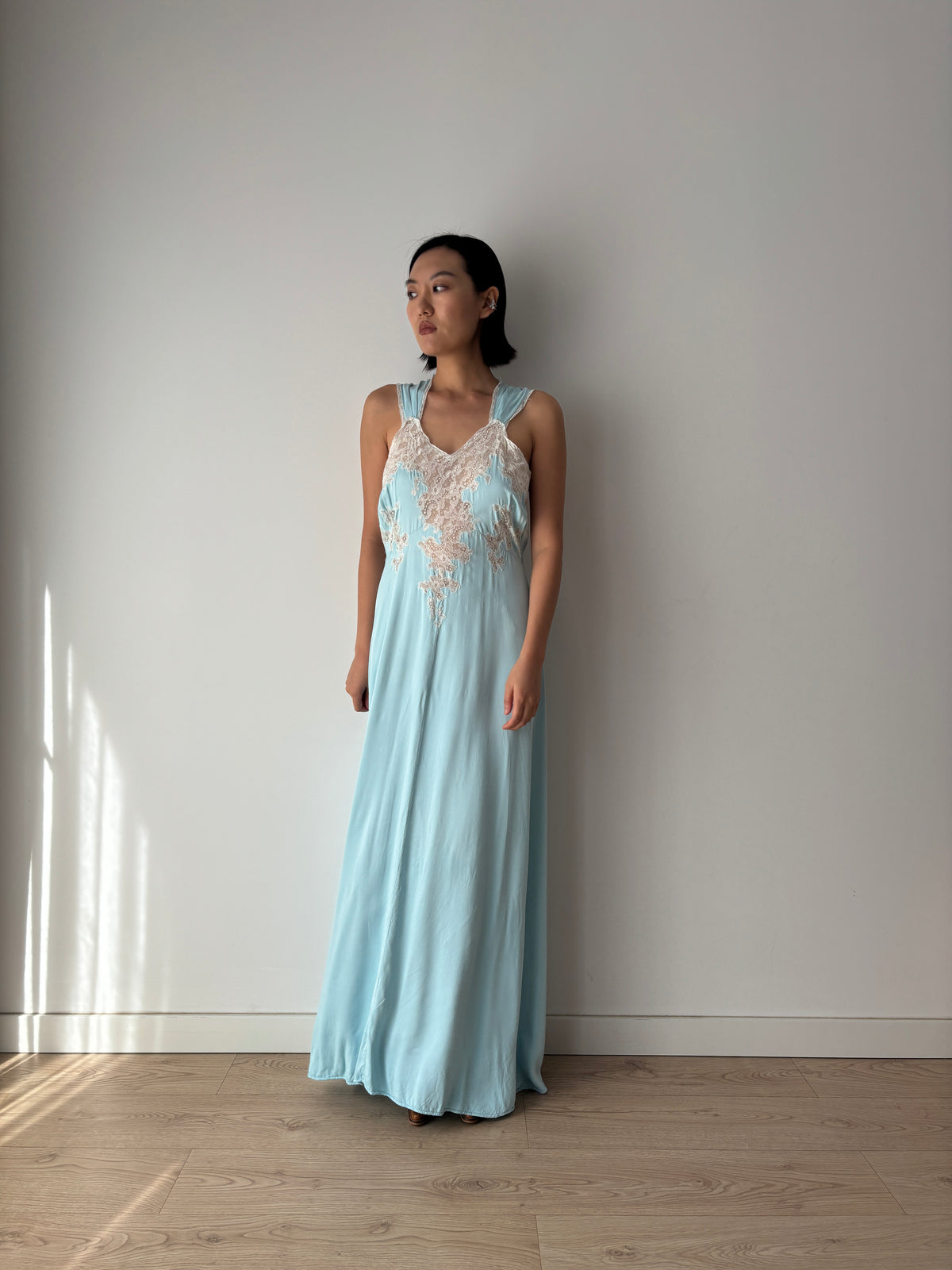 1940s Blue Satin Nightgown, Ivory Floral Lace Bodice, Vintage Maxi Slip Dress