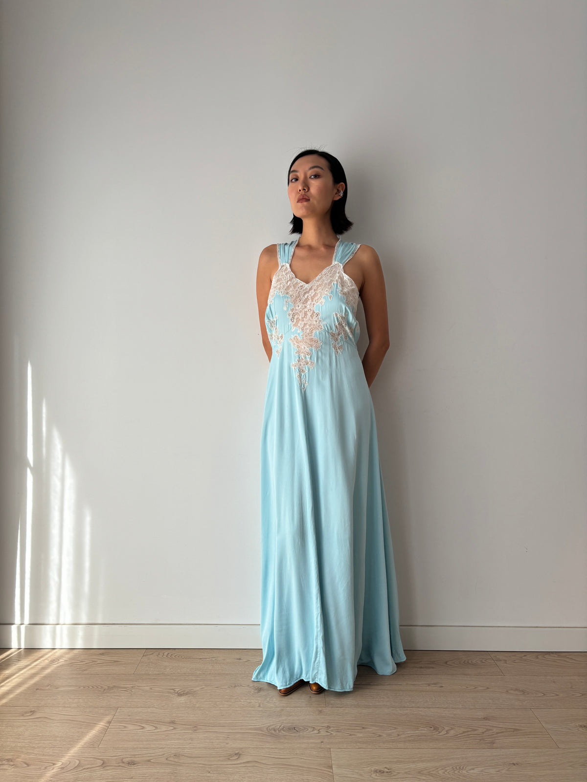 1940s Blue Satin Nightgown, Ivory Floral Lace Bodice, Vintage Maxi Slip Dress