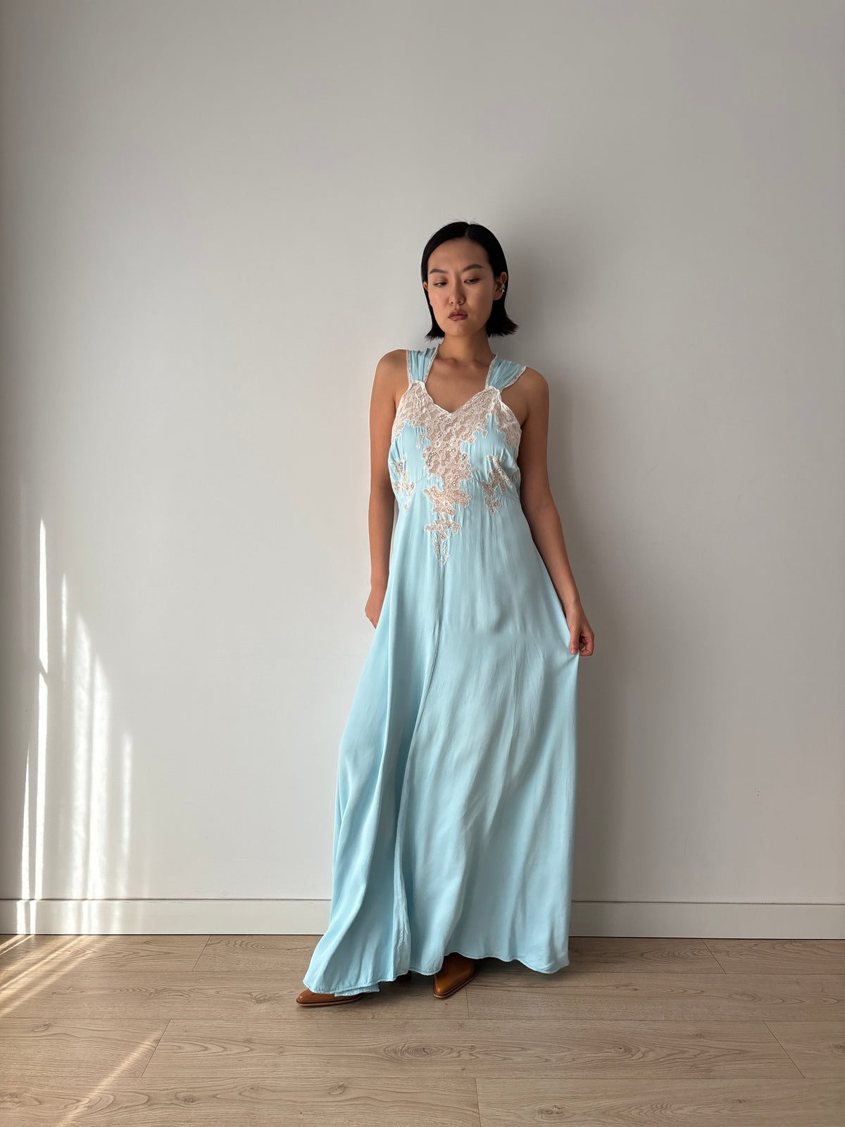 1940s Blue Satin Nightgown, Ivory Floral Lace Bodice, Vintage Maxi Slip Dress